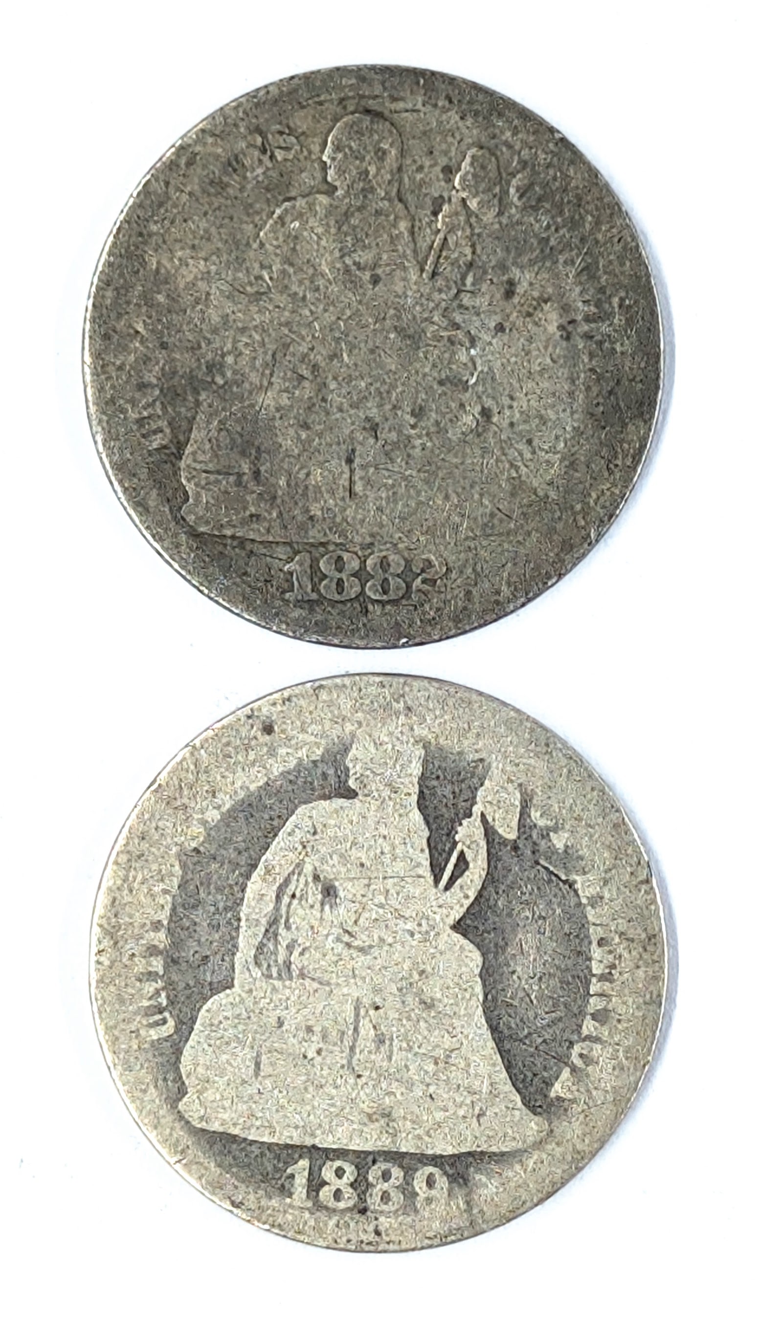 Lot of 2 Silver Seated Liberty Dimes - 1882, 1889 (1 of 2)
