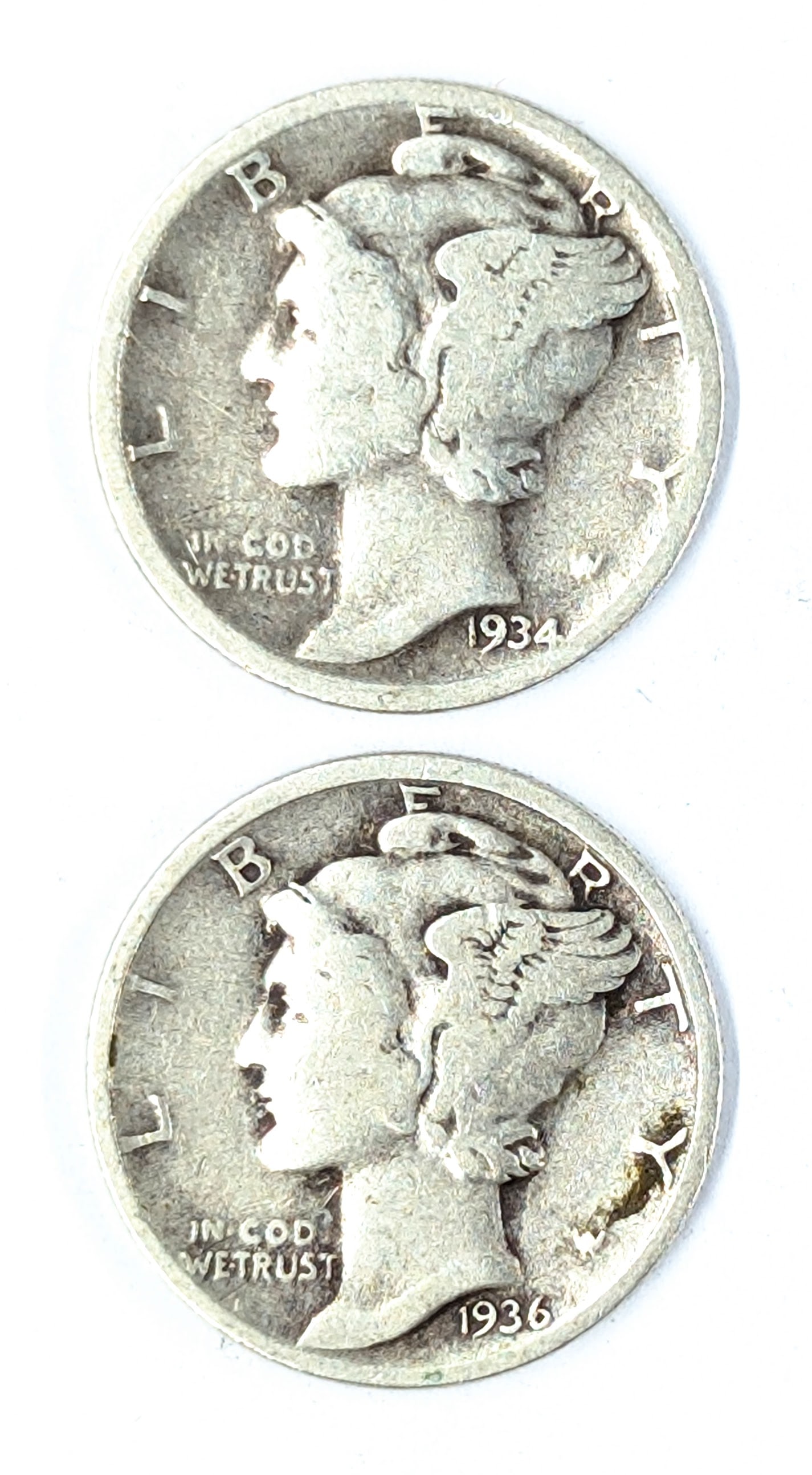 Lot of 2 Silver Mercury Dimes - 1934, 1936: Silver