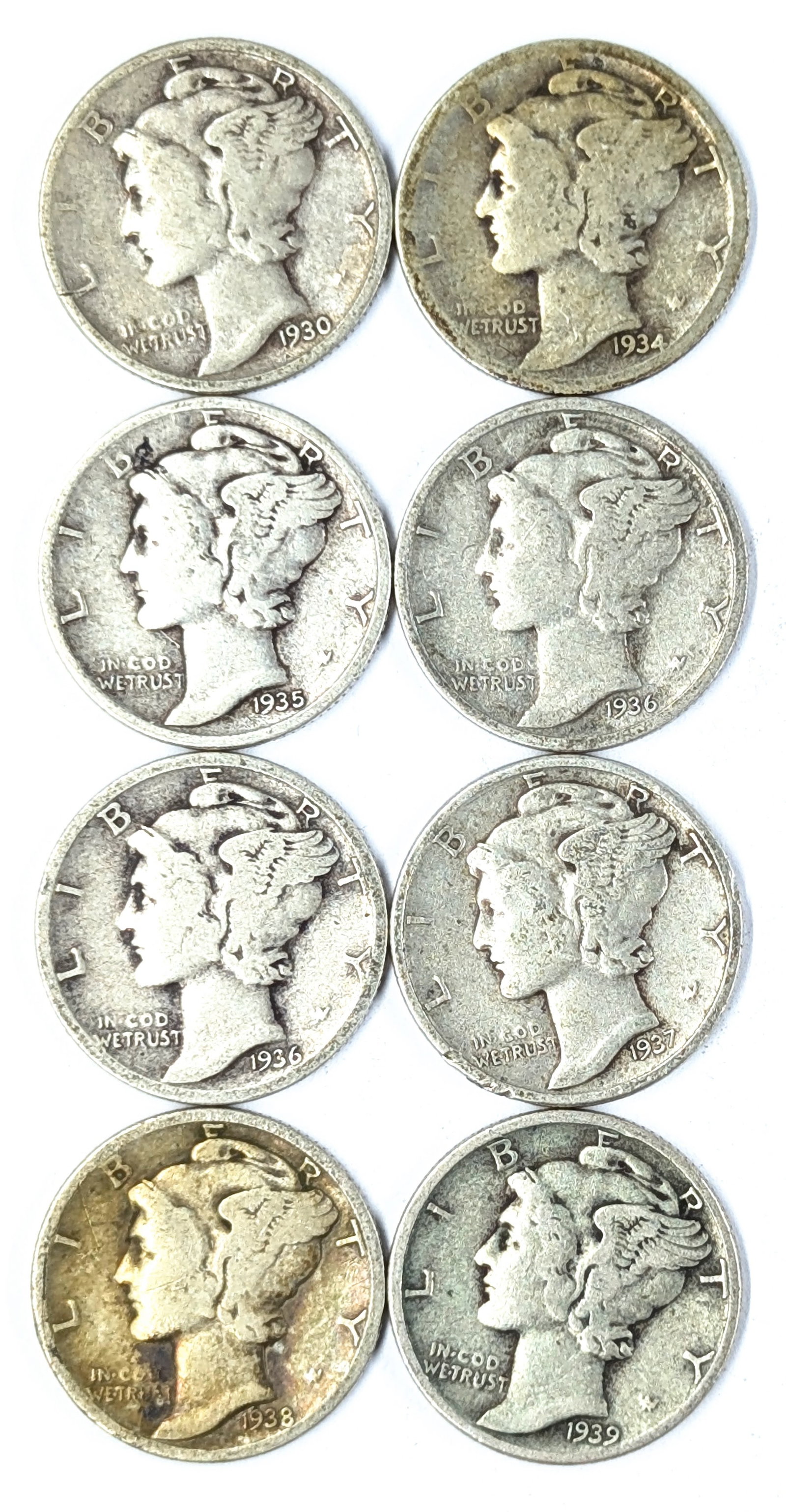 Lot of 8 Silver Mercury Dimes - 1930-1939: Silver