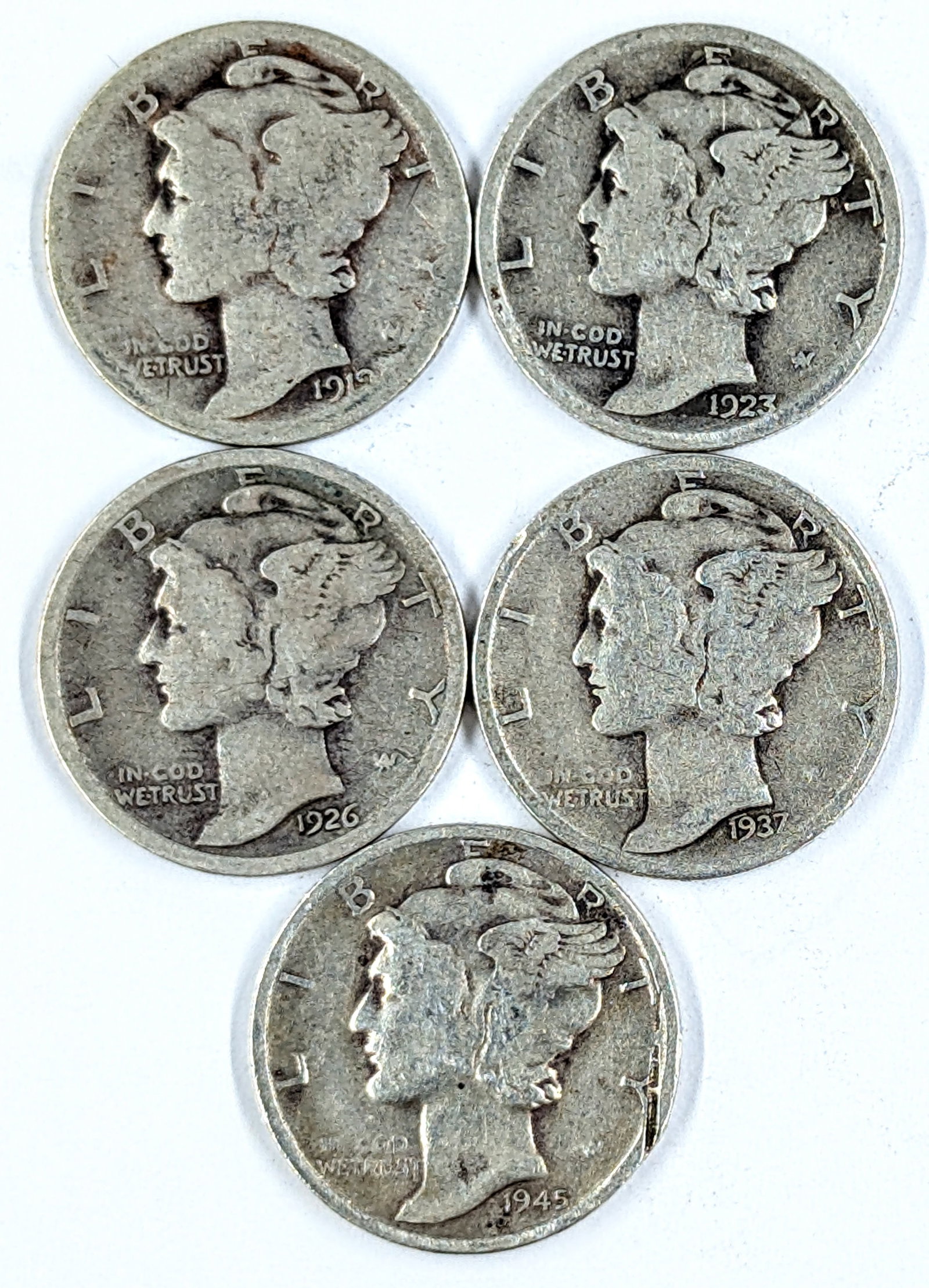 Lot of 5 Silver Mercury Dimes - 1919-1945: Silver