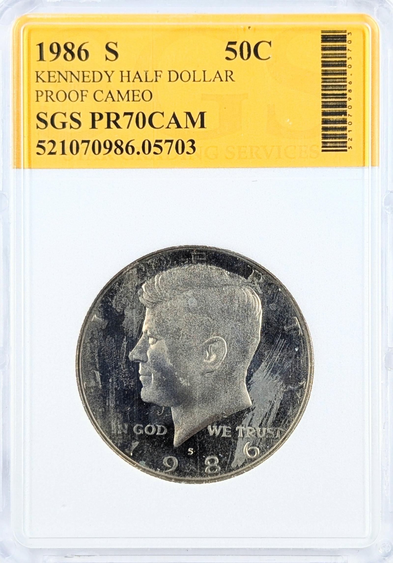 SGS 1986-S PR70 CAM John F Kennedy Half Dollar (1 of 2)