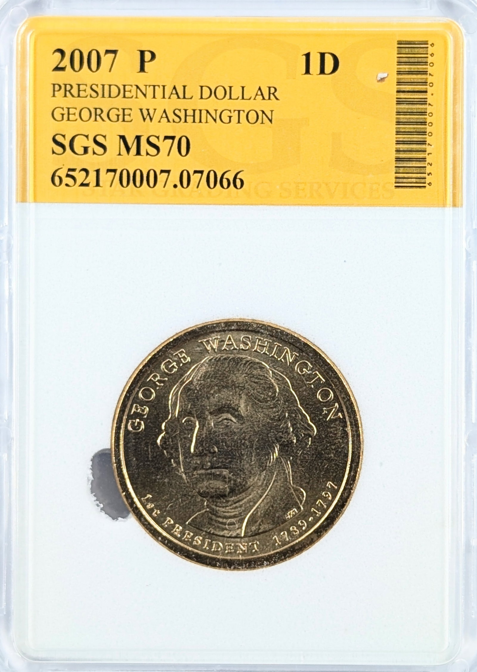 SGS 2007-P MS70 George Washington Presidential Dollar: Coin