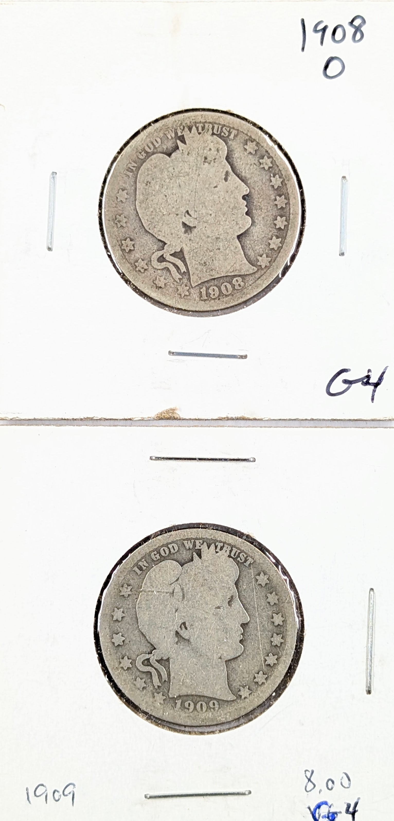 Lot of 2 Silver Barber Quarters - 1908-D, 1909: Silver