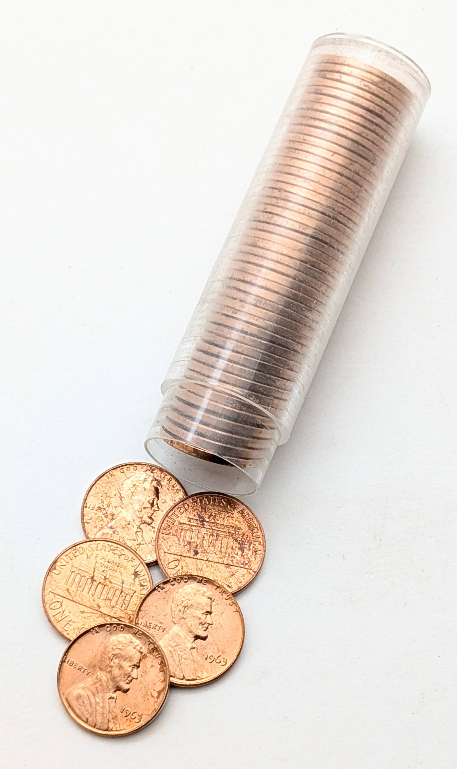 Tube of 50 Uncirculated 1963 Lincoln Cents: Coin