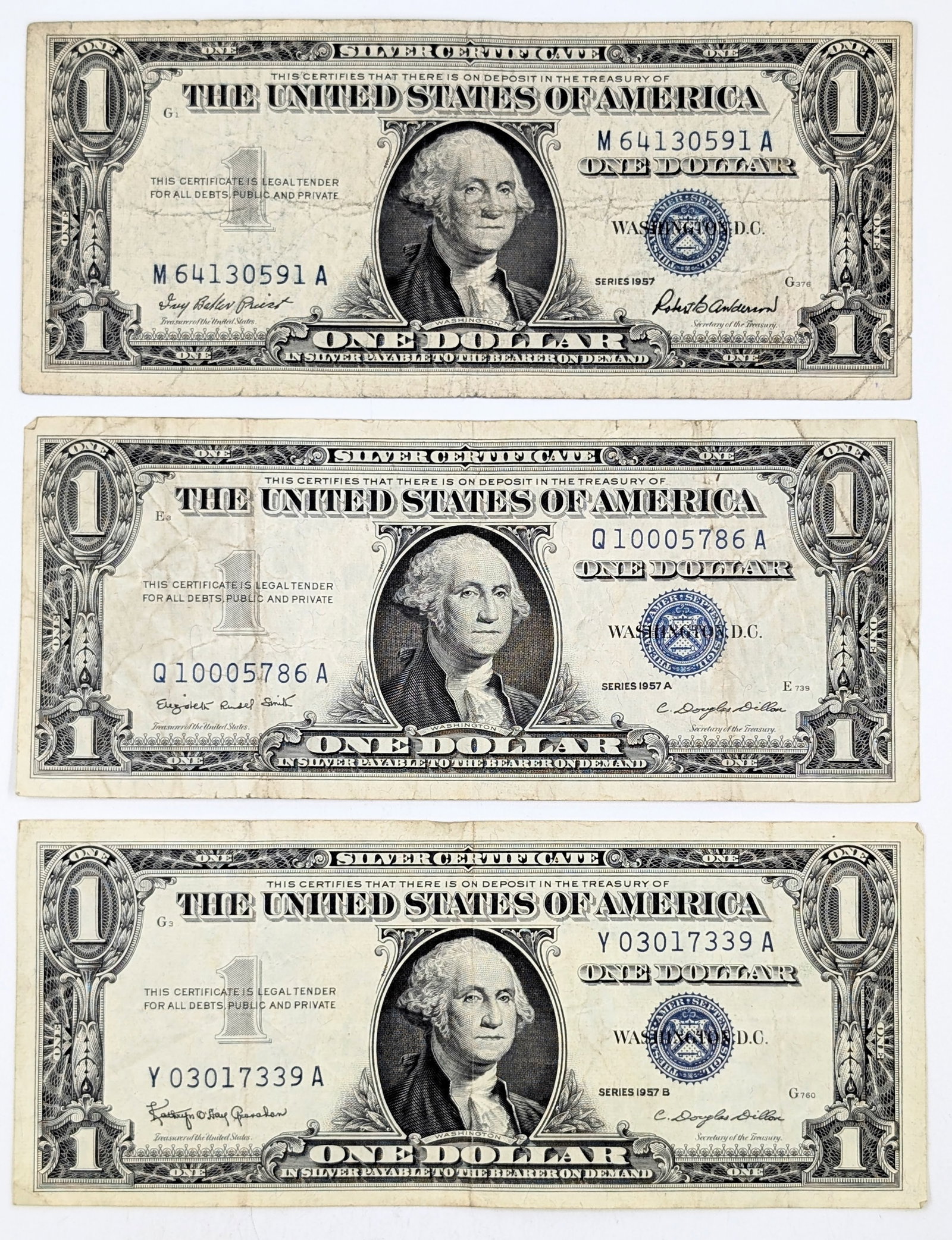Lot of 3 - 1957 A/B $1 Notes - Silver Certificates: Heavily Circulated Condition
