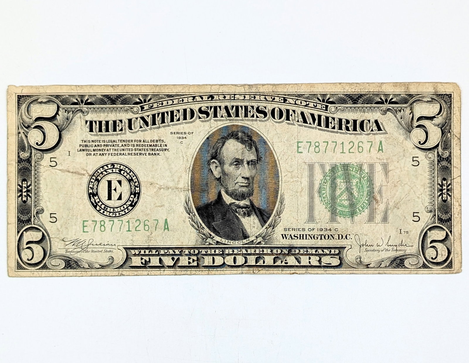1934-C $5 Note - Green Seal: Heavily Circulated Condition