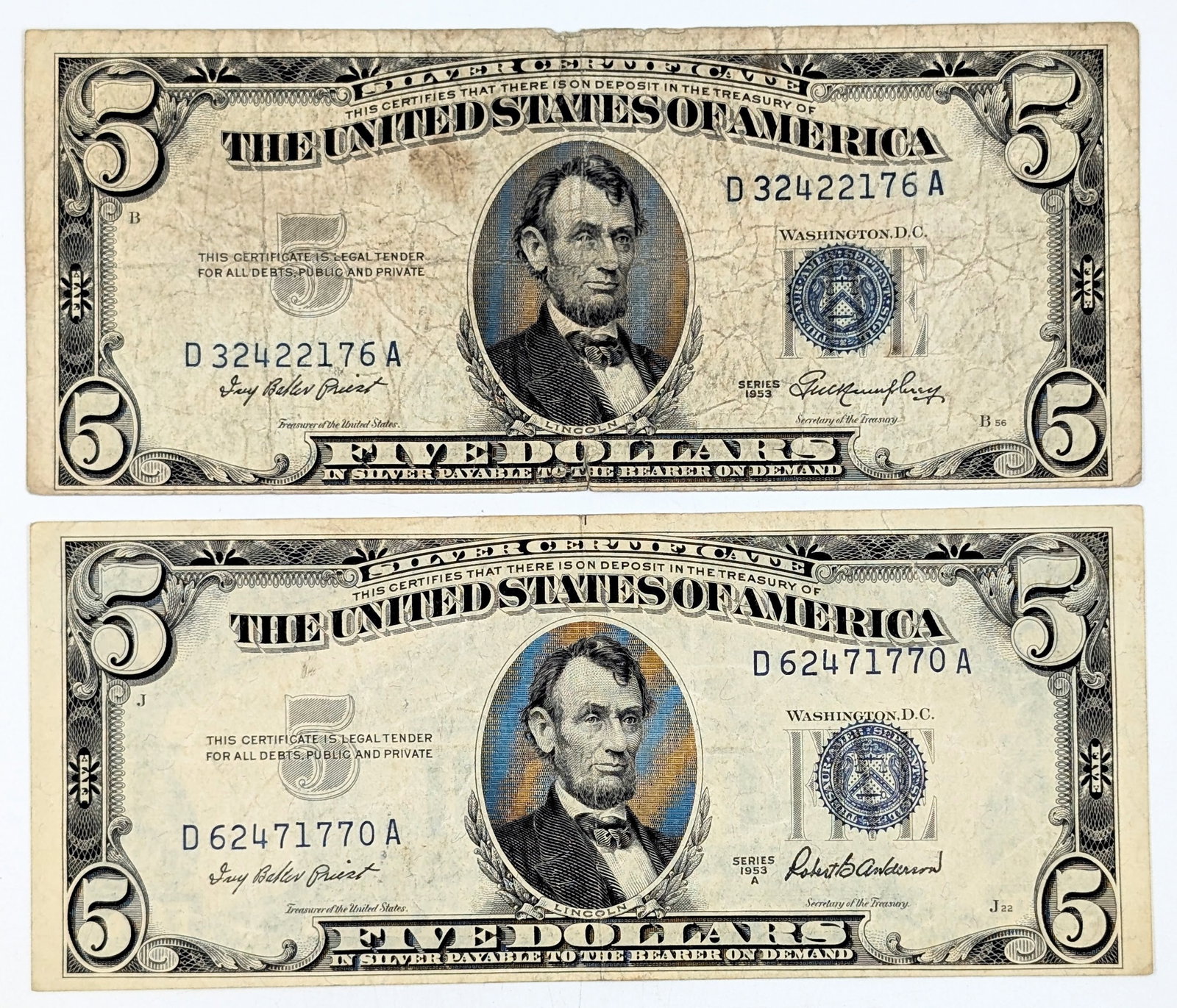 Lot of 2 - 1953 A $5 Notes - Silver Certificates (1 of 2)
