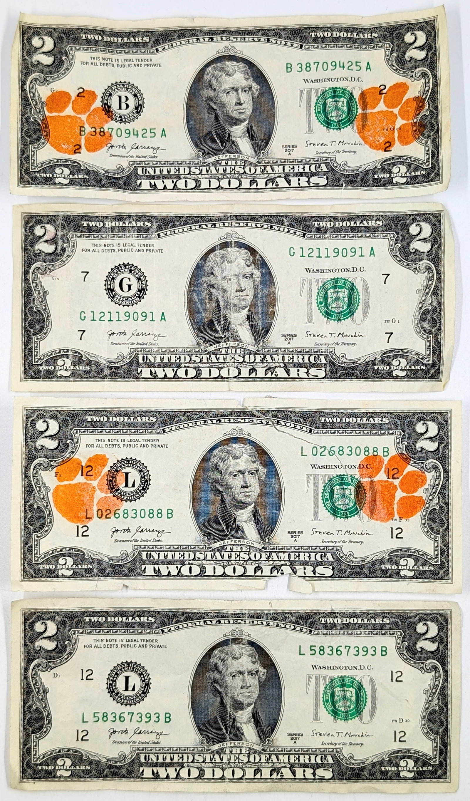 Lot of 4 - 2017-A $2 Notes - Green Seals - Some w/ Clemson Paws (1 of 2)