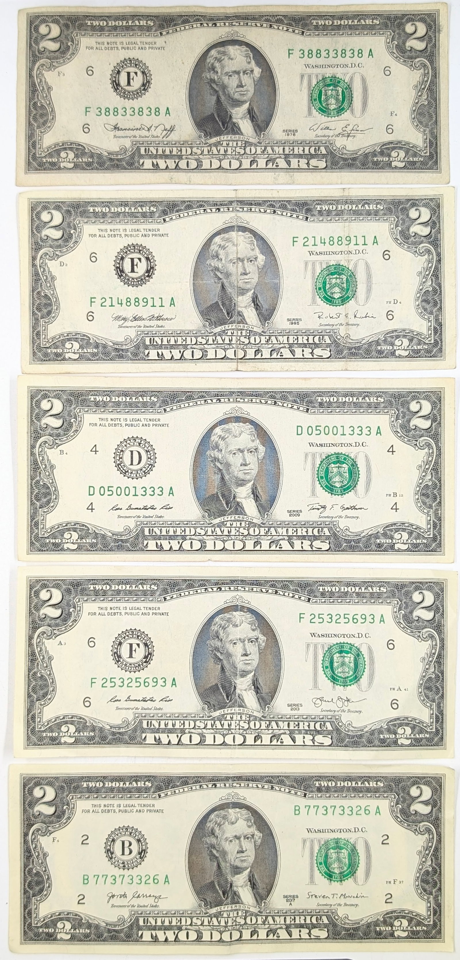 Lot of 5 - $2 Notes - Green Seals - 1976-2017 (1 of 2)