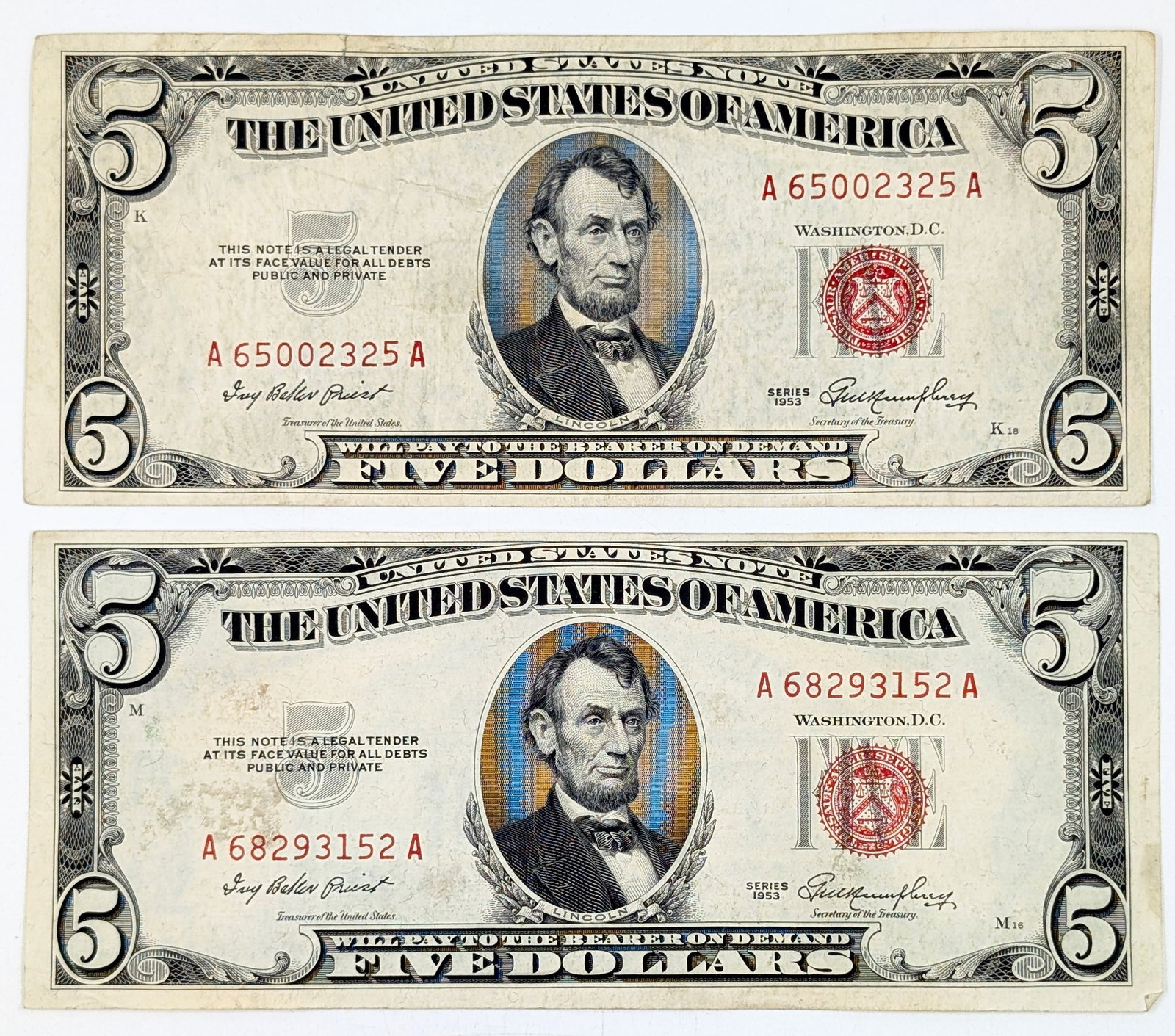 Lot of 2 - 1953 $5 Notes - Red Seals (1 of 2)
