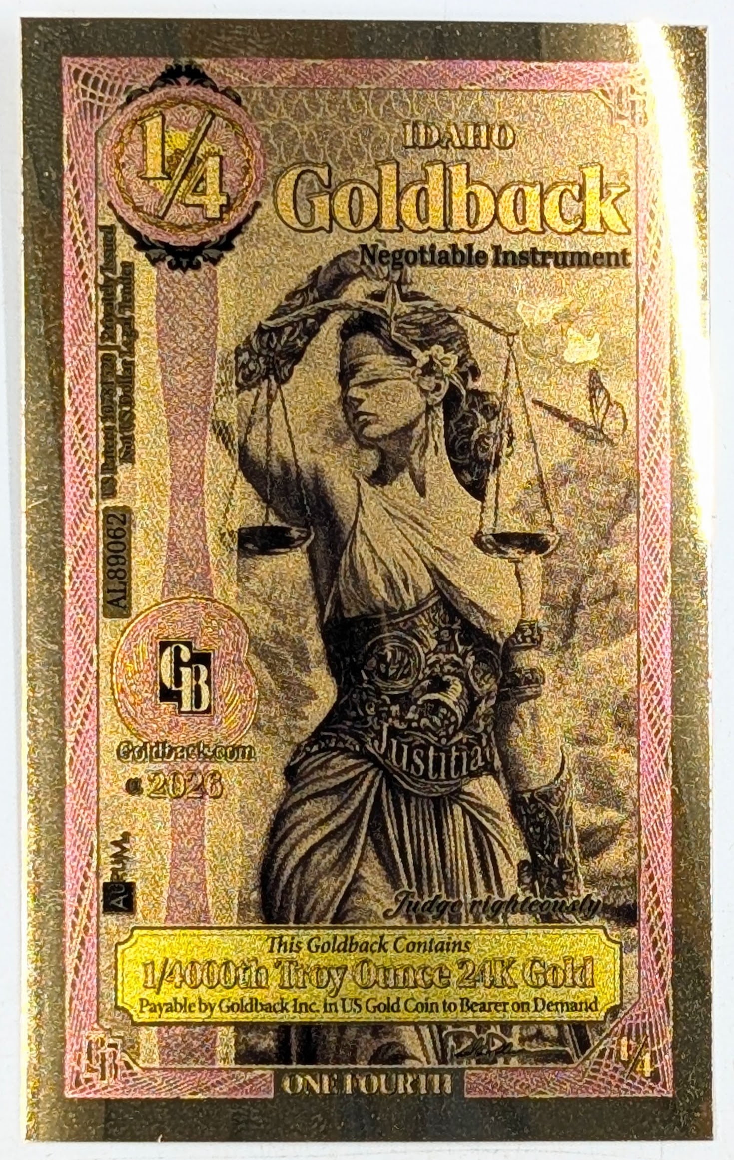 2026 1/4 Idaho Goldback 1/4000th Troy Ounce 24K Gold: Goldback