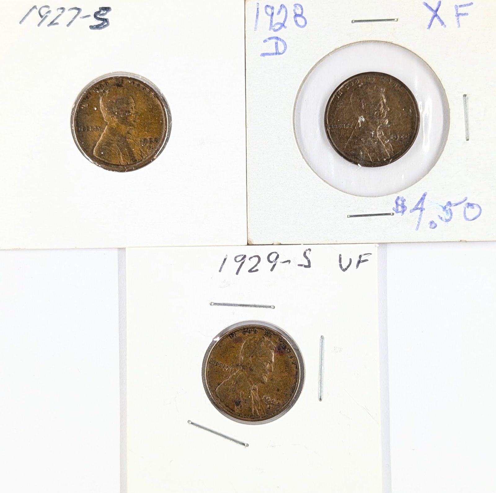 Lot of 3 Wheat Cents - 1927-S, 1928-D, 1929-S (1 of 2)