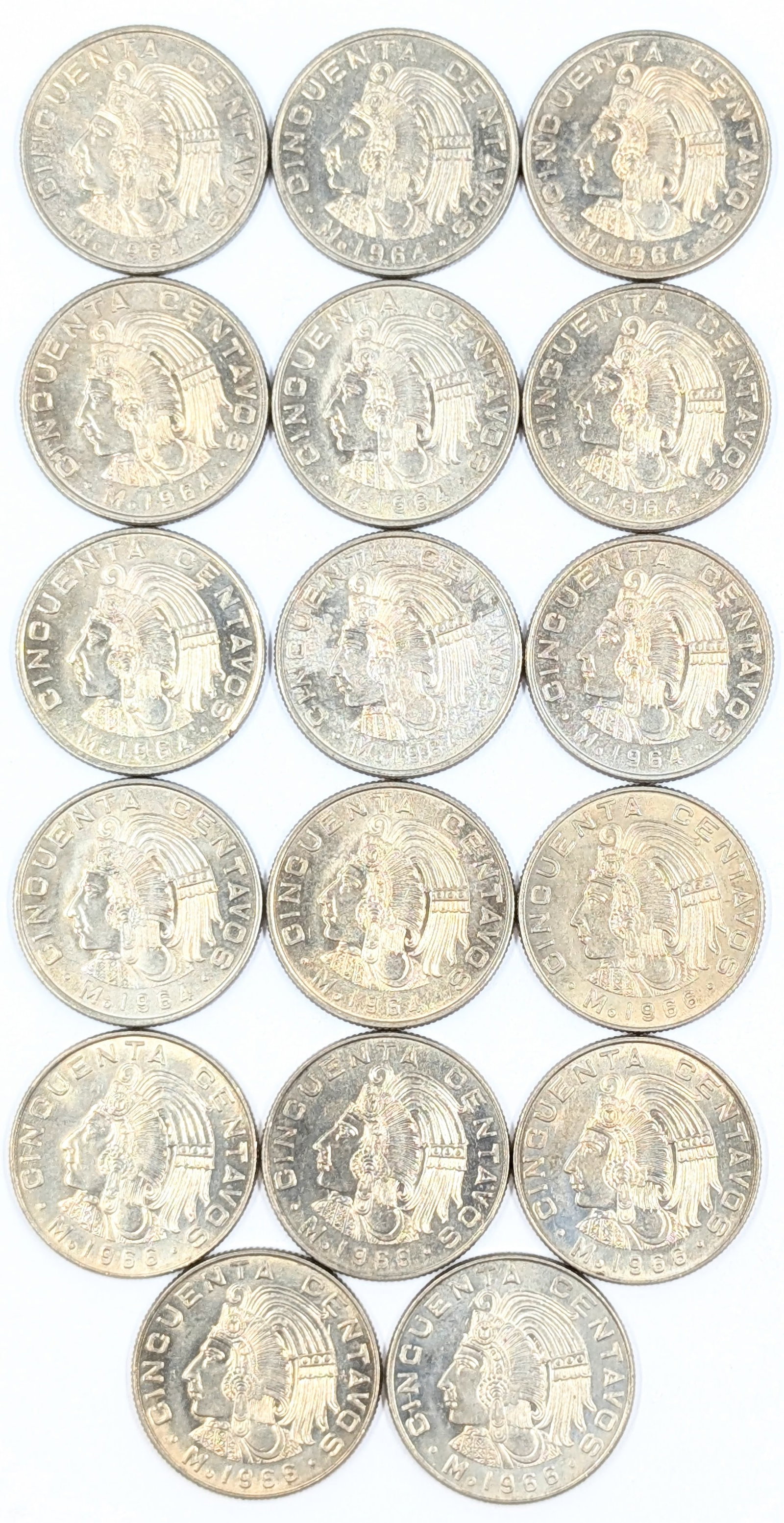 Lot of 17 Mexican Cincuenta Centavos Coins- 1964-1966: Most Uncirculated