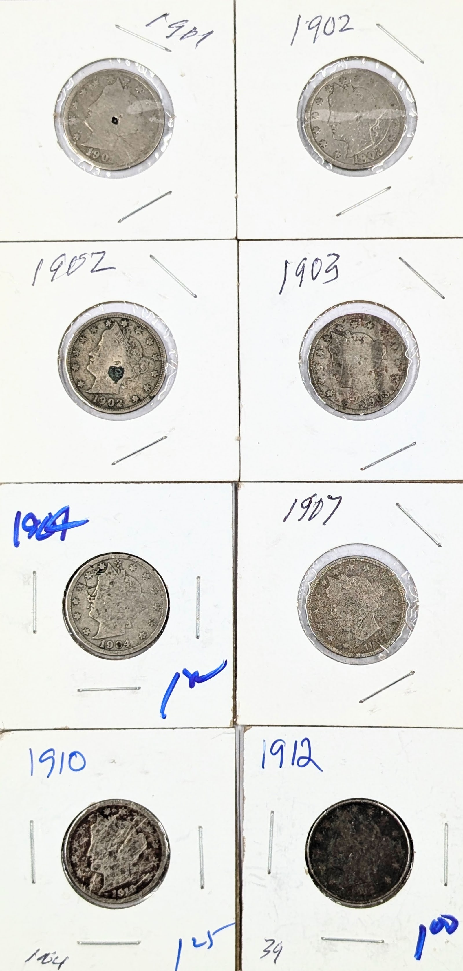 Lot of 8 Liberty V Nickels - 1901-1912: Coin