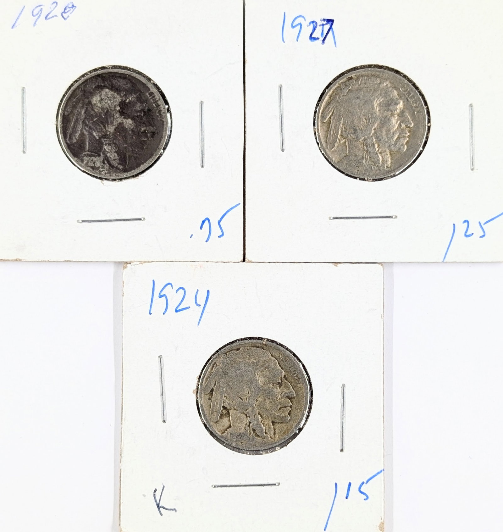 Lot of 3 Buffalo Head Nickels - 1924, 1927, 1928: Coin
