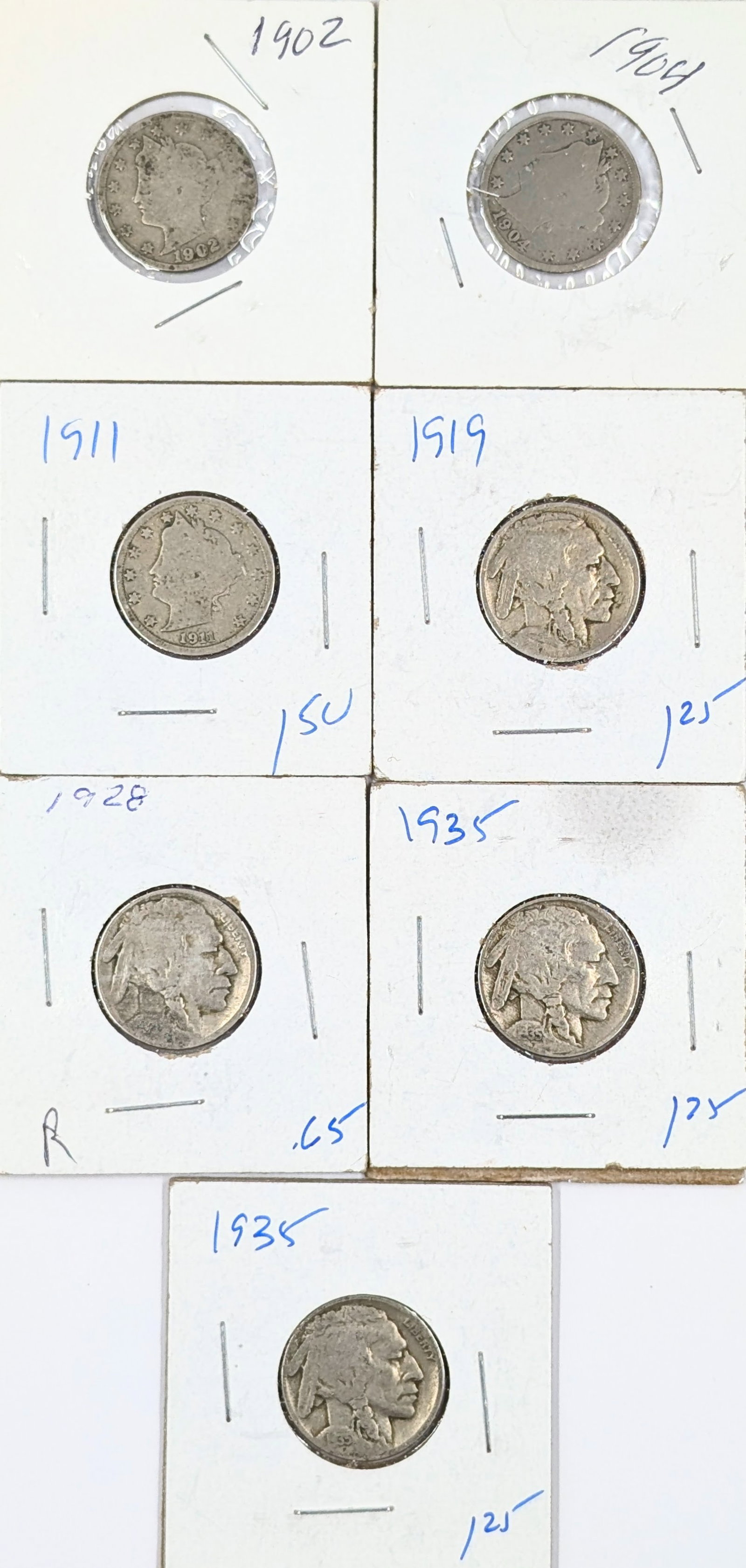 Lot of 7 V & Buffalo Head Nickels - 1902-1935: Coin