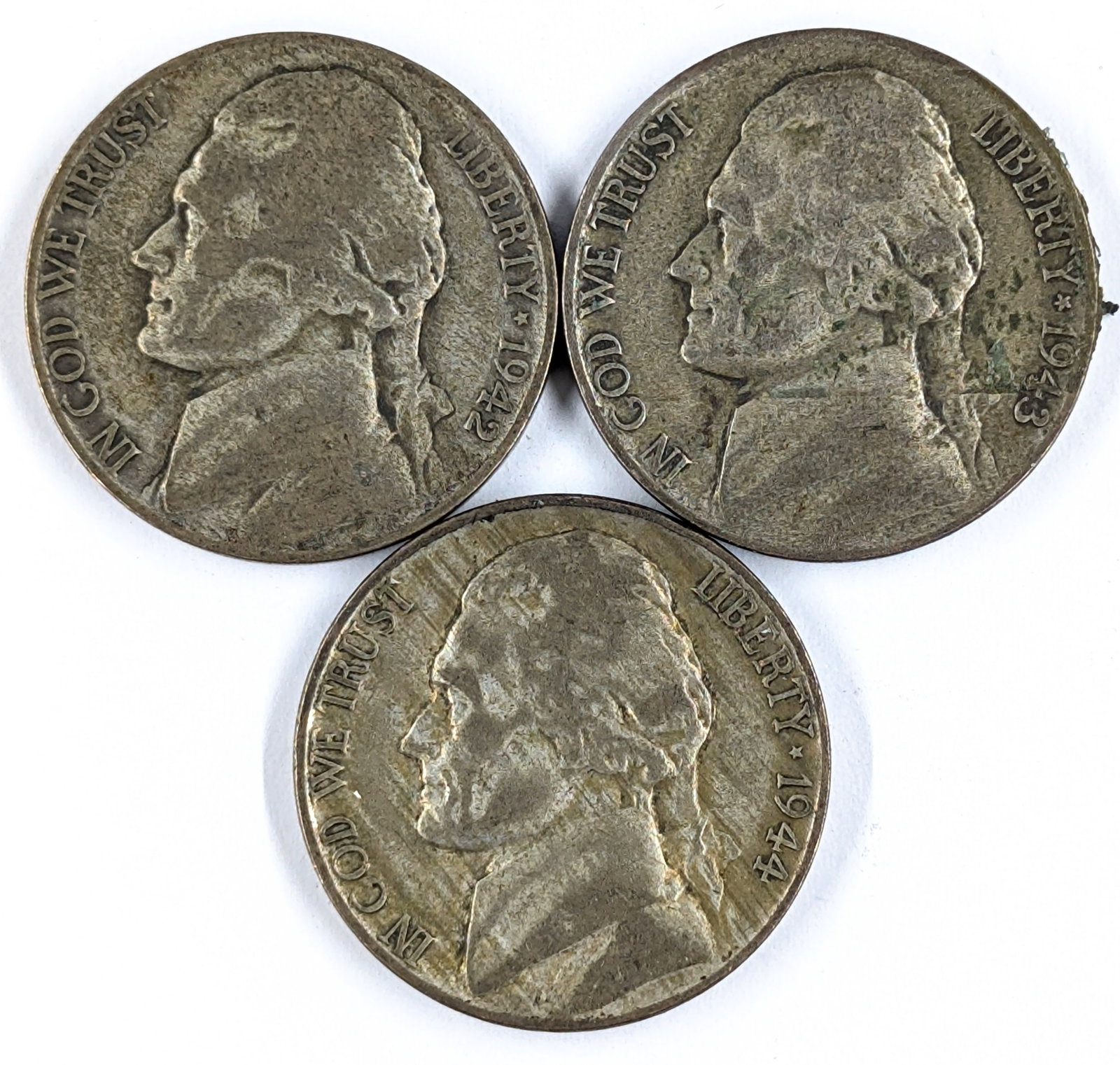 Lot of 3 Silver War Nickels - 1942-P, 1943-P, 1944-P (1 of 2)