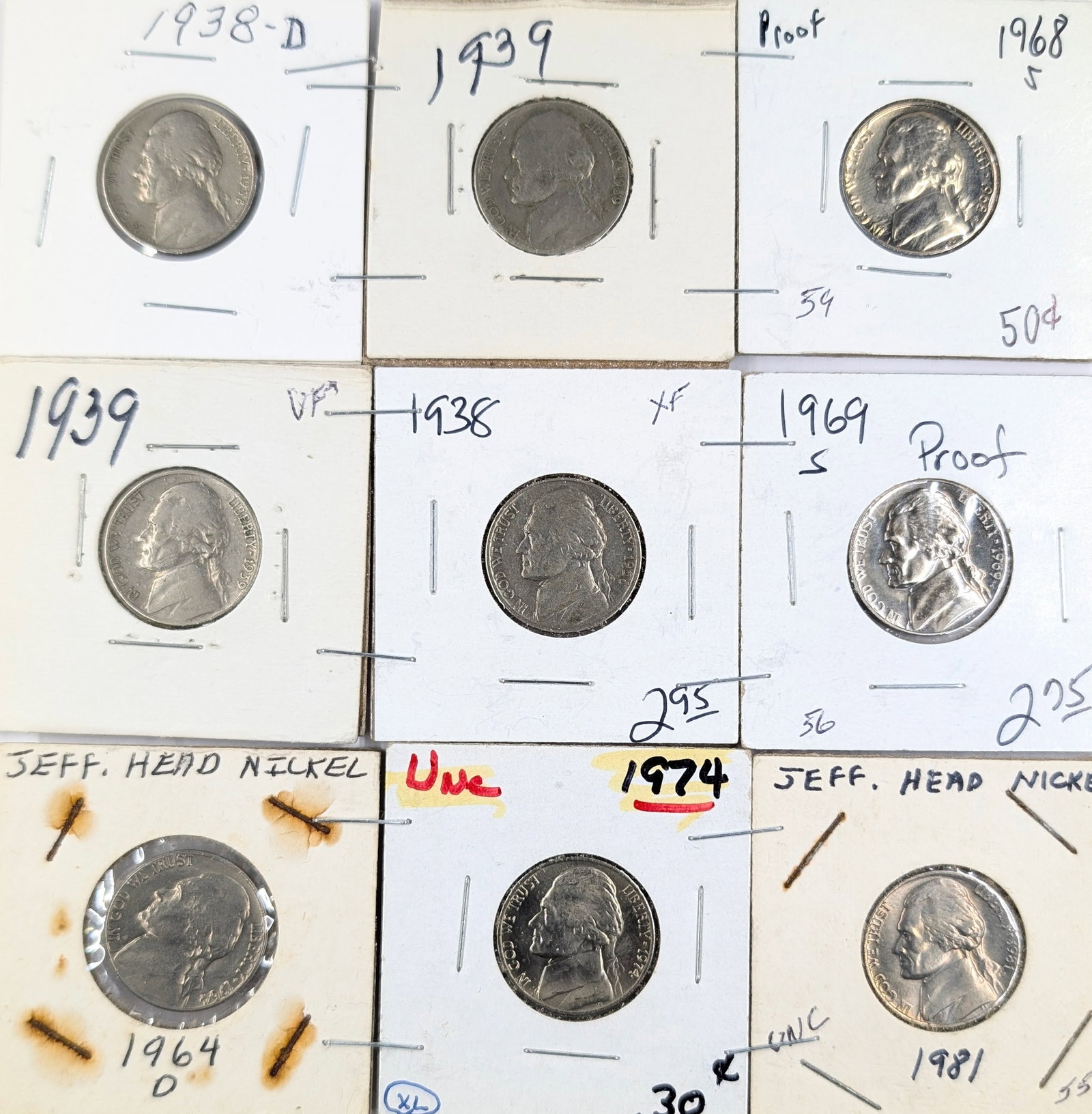Lot of 9 Jefferson Nickels - 1938-1981 - Some Proofs: Coin