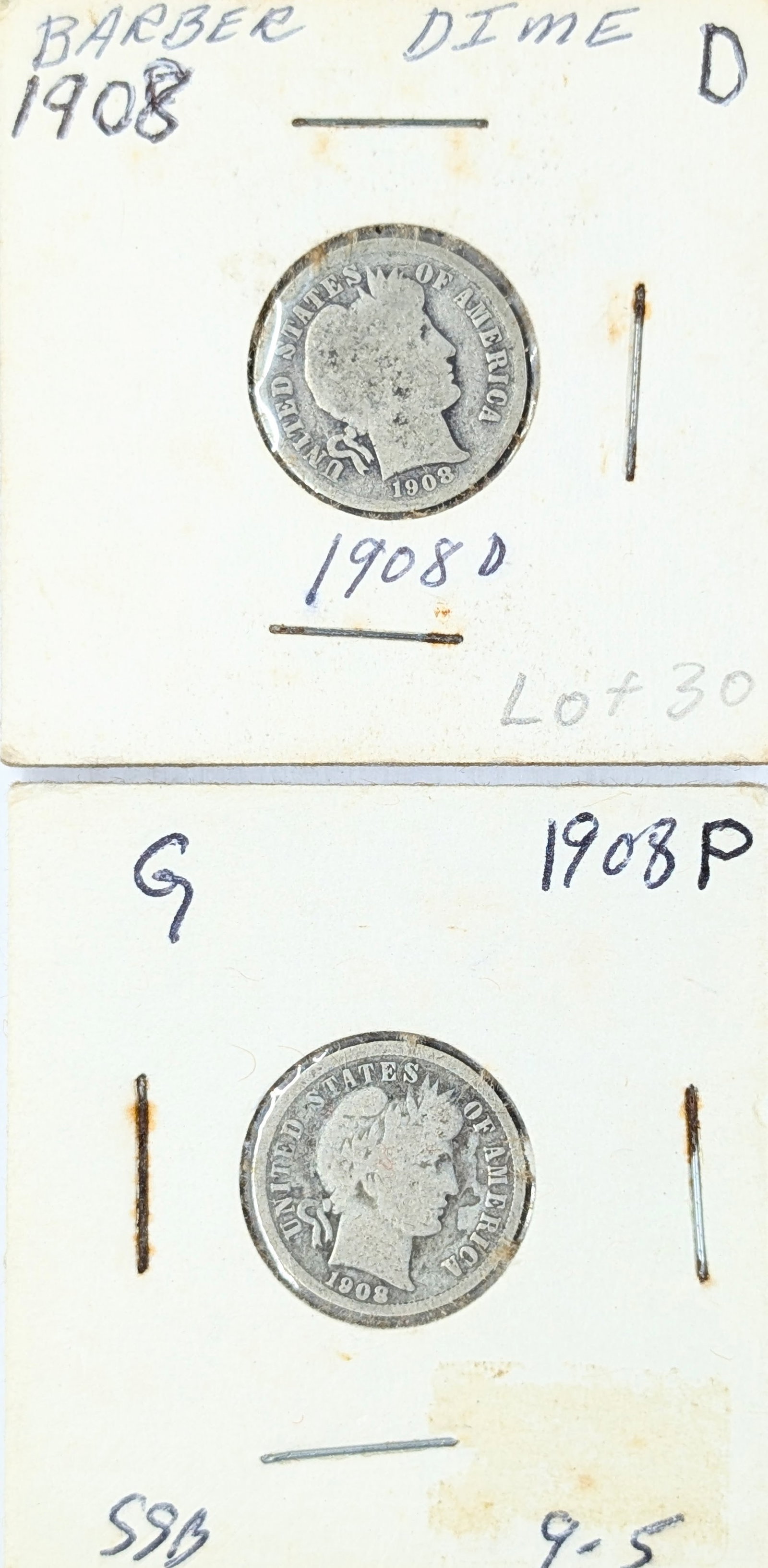 Lot of 2 Silver Barber Dimes - 1908 P/D: Silver