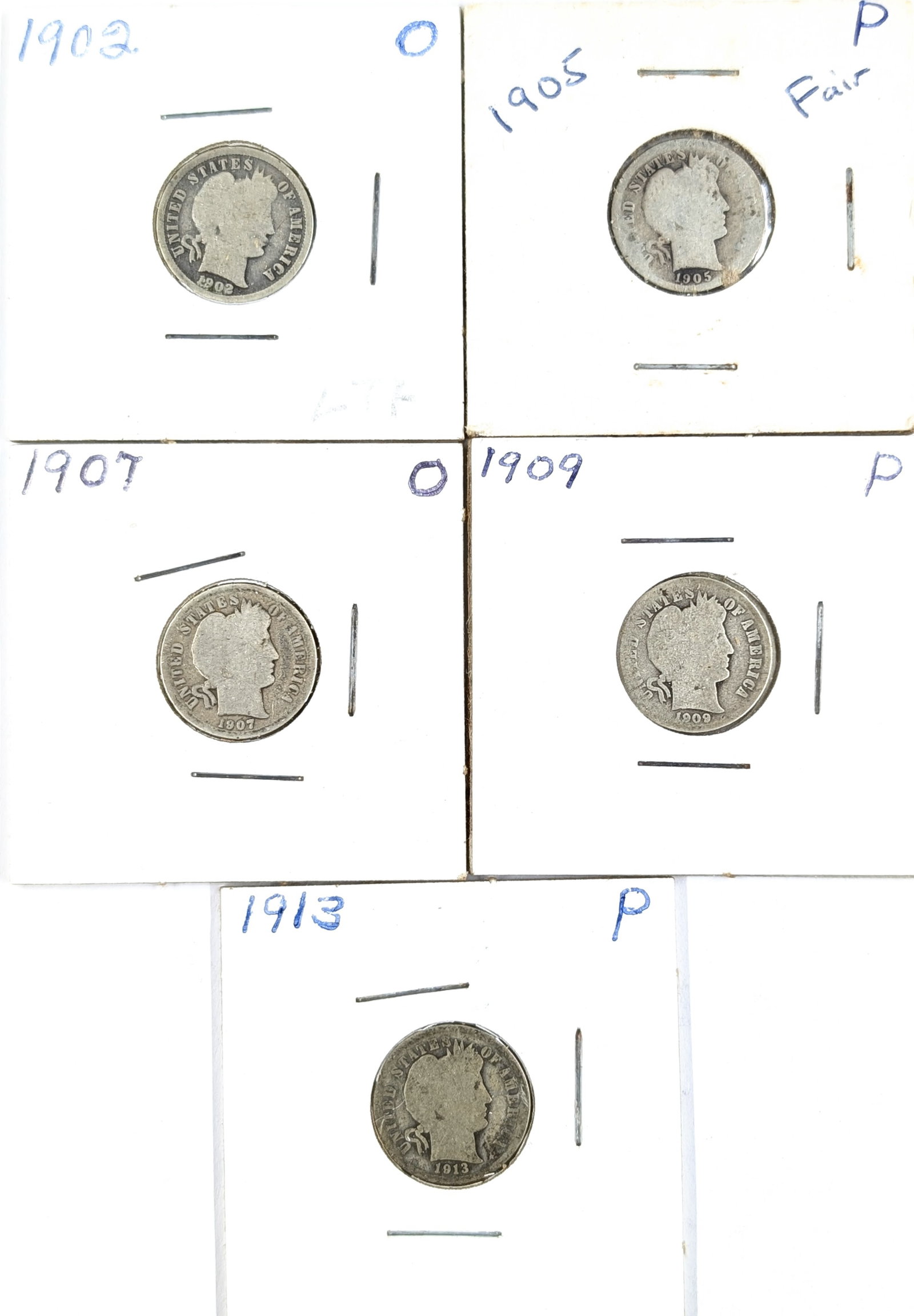 Lot of 5 Silver Barber Dimes - 1902-1913: Silver