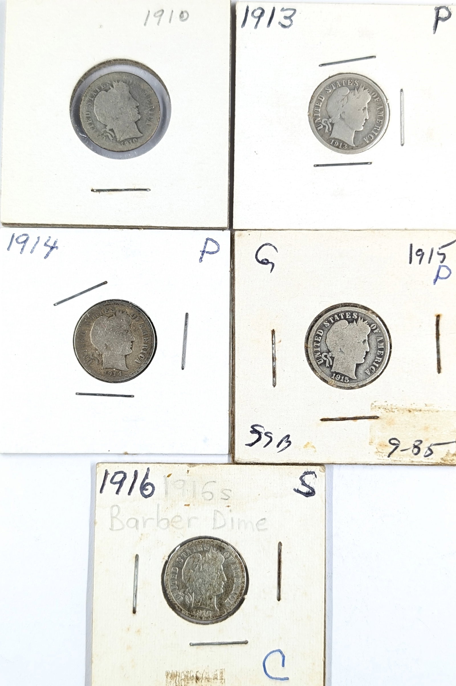 Lot of 5 Silver Barber Dimes - 1910-1916 (1 of 2)