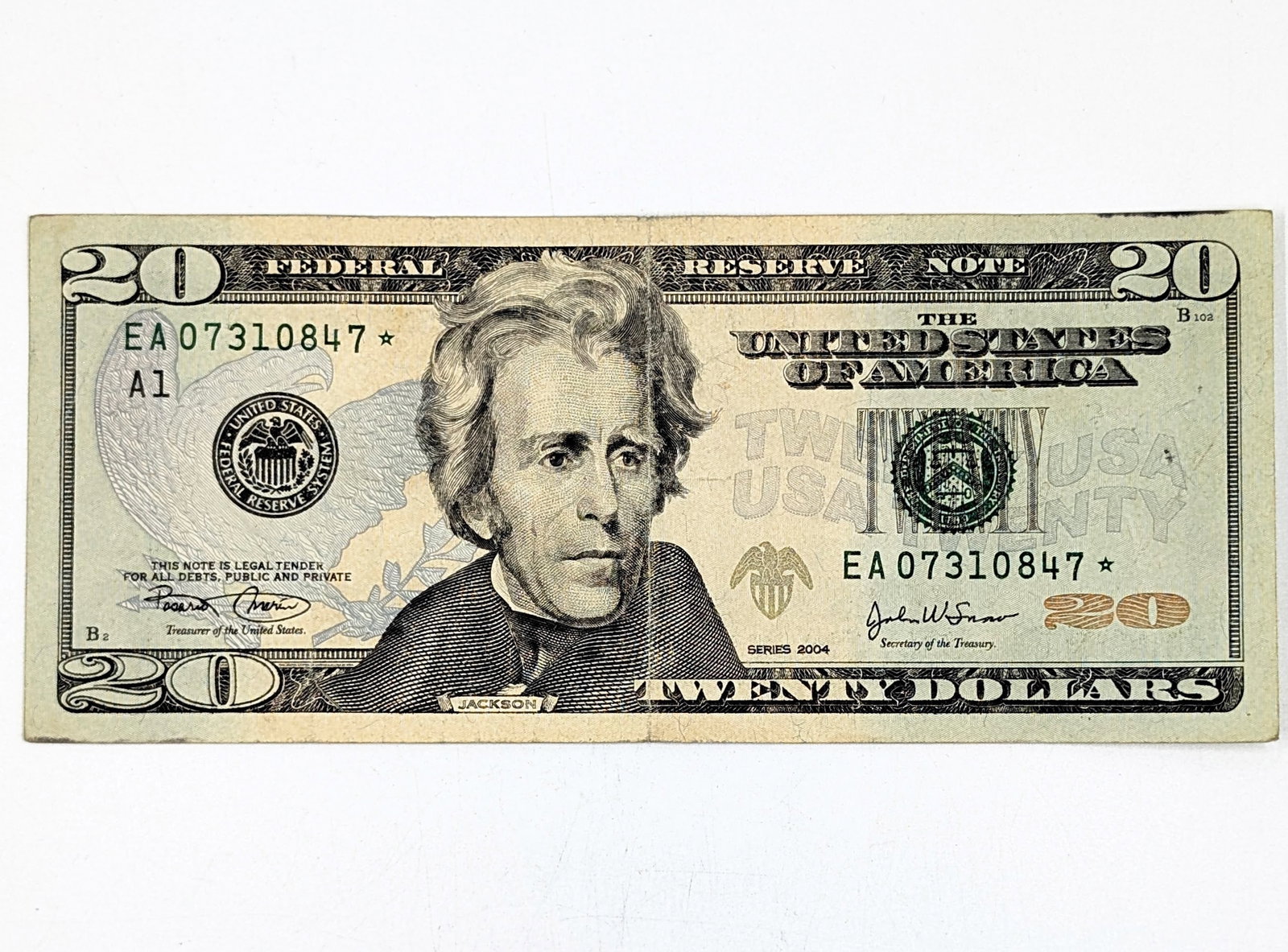 2004 $20 Star Note - Green Seal - Early Serial 07310847: Circulated Condition