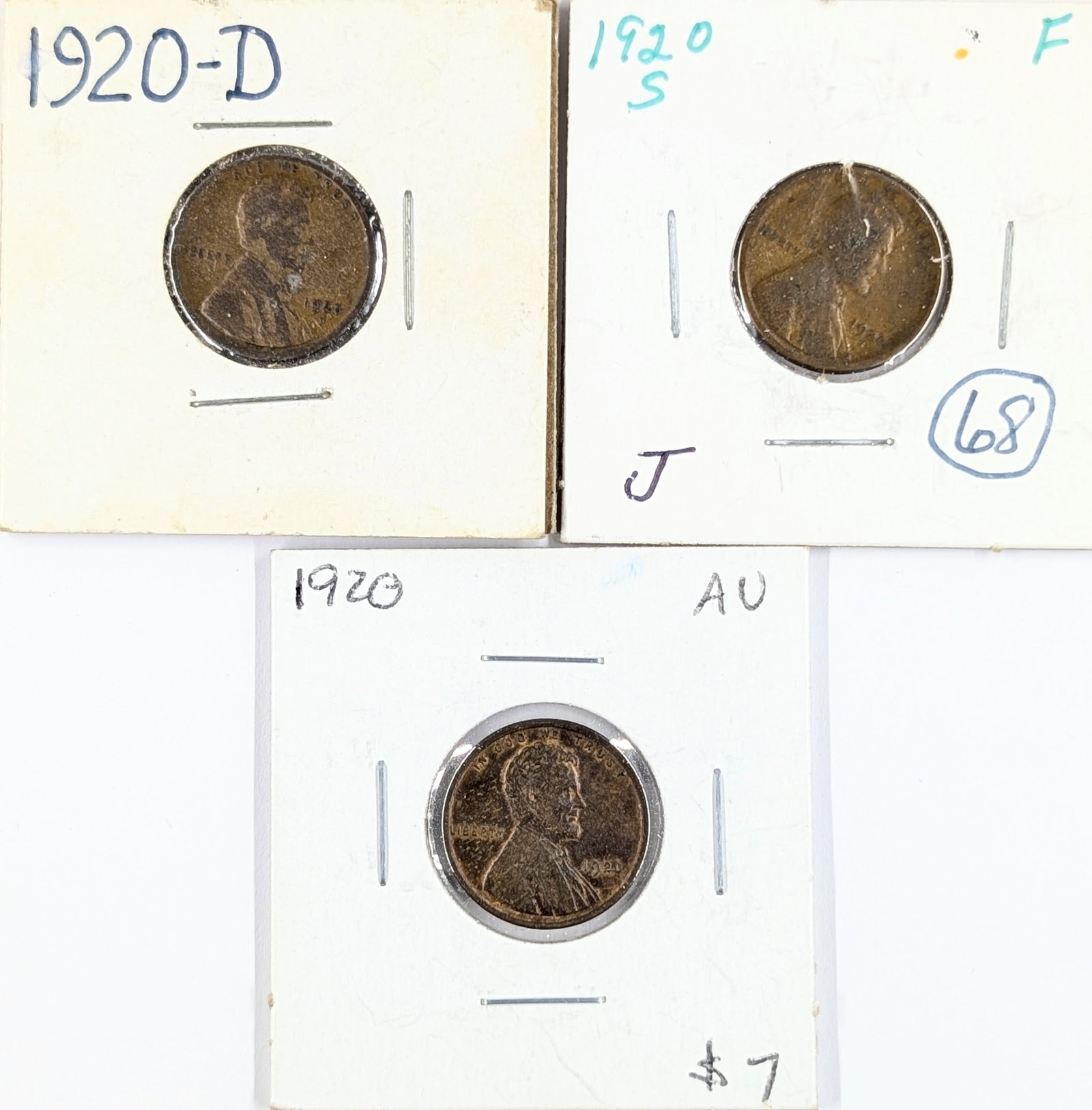 Lot of 3 Wheat Cents - 1920 P/D/S: Coin