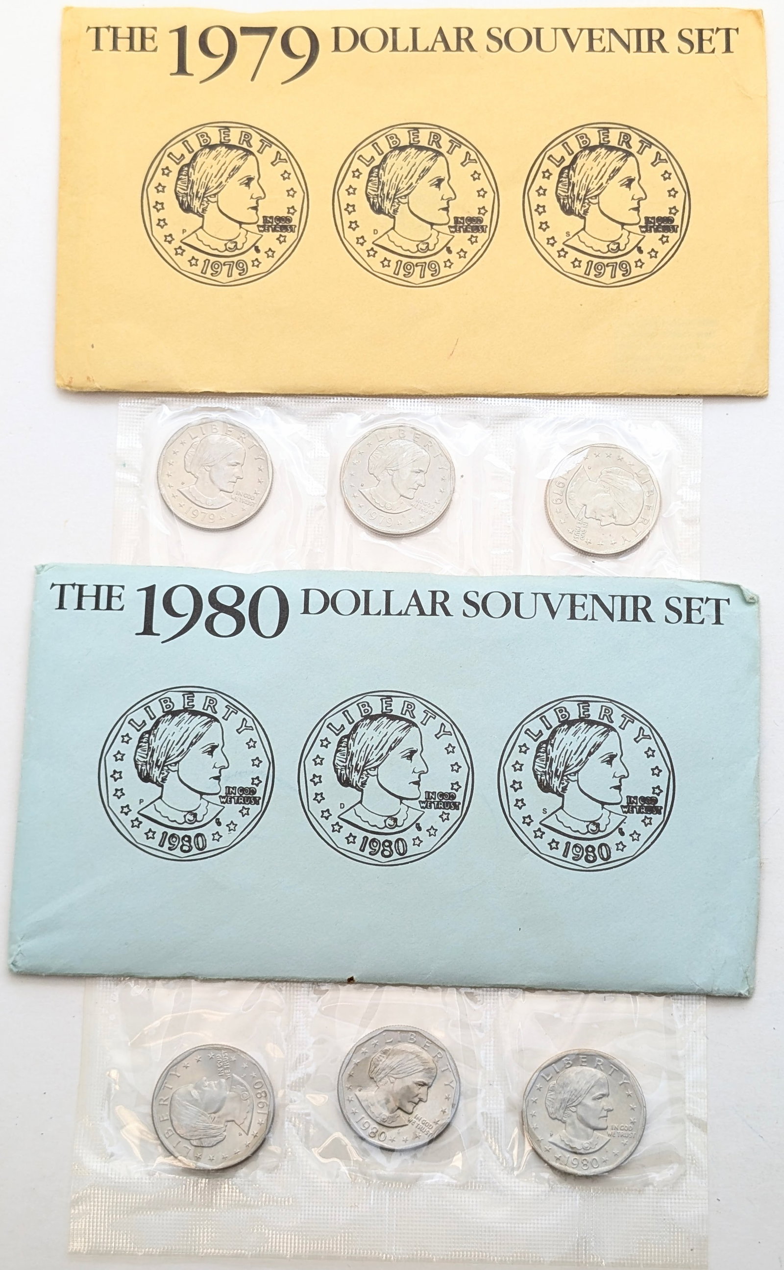 Lot of 2 Susan B. Anthony Dollar Souvenir Sets - 1979, 1980: Coin