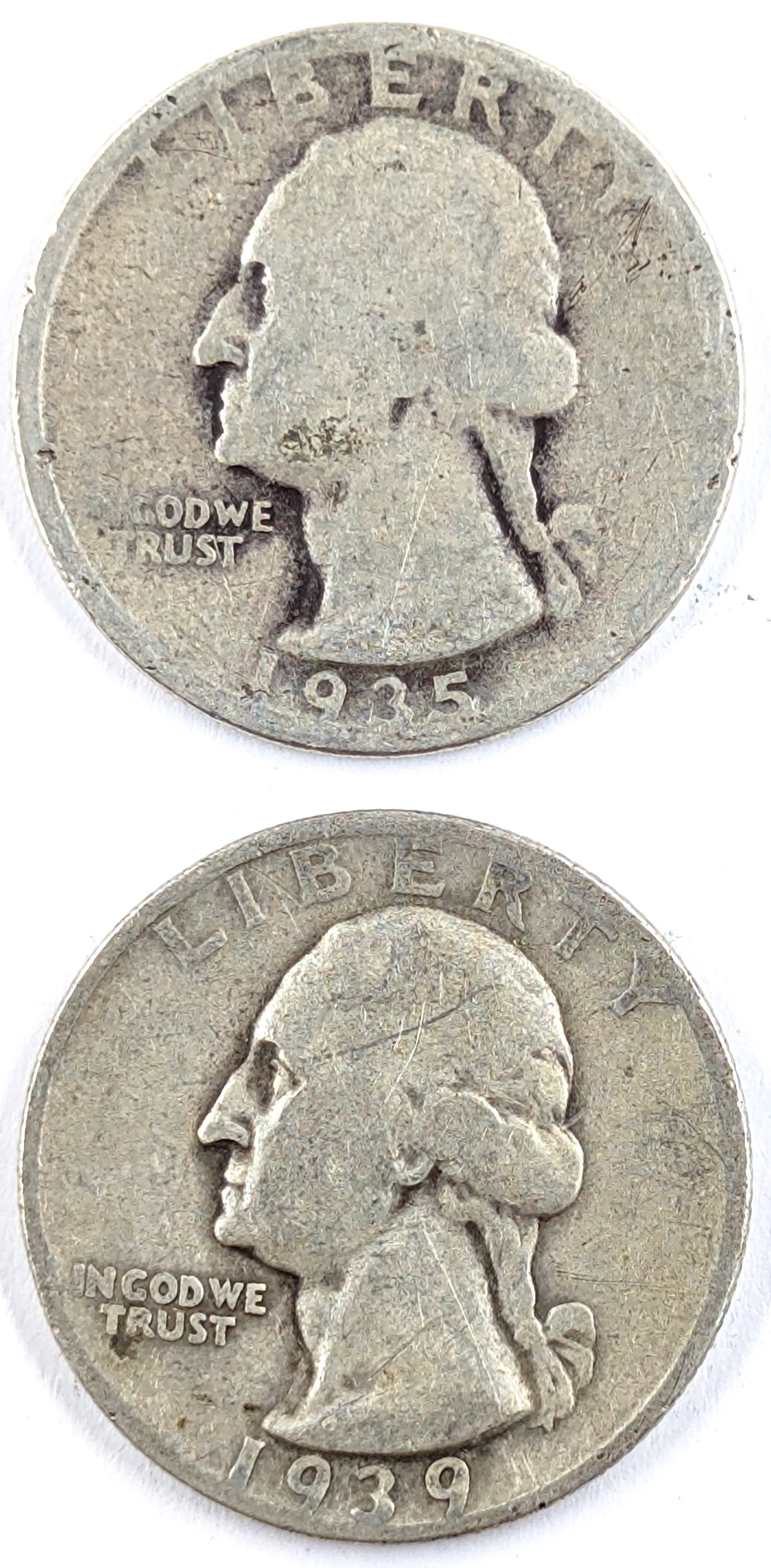Lot of 2 Silver Washington Quarters - 1935, 1939-s: Silver