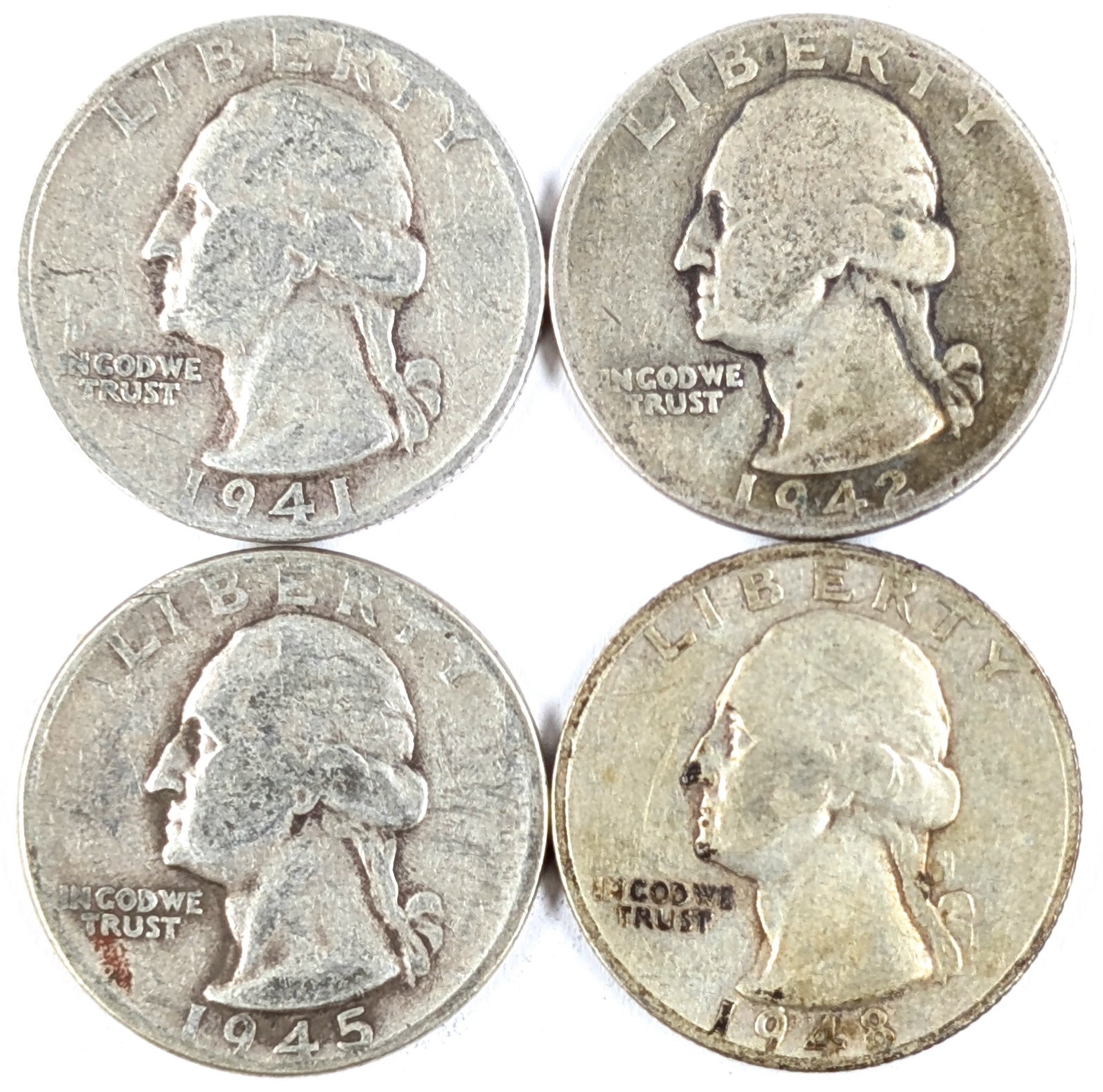 Lot of 4 Silver Washington Quarters - 1941-1948: Silver
