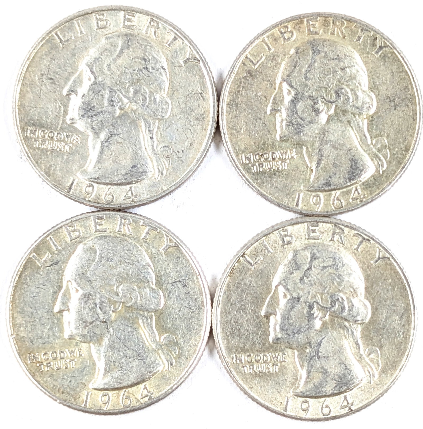 Lot of 4 Silver Washington Quarters - All 1964: Silver