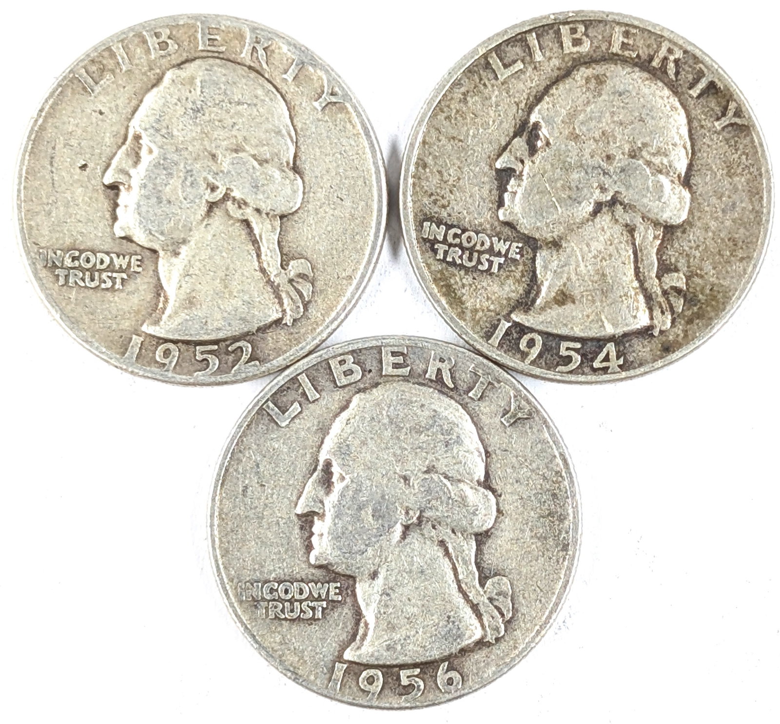 Lot of 3 Silver Washington Quarters - 1952, 1954, 1956-D: Silver