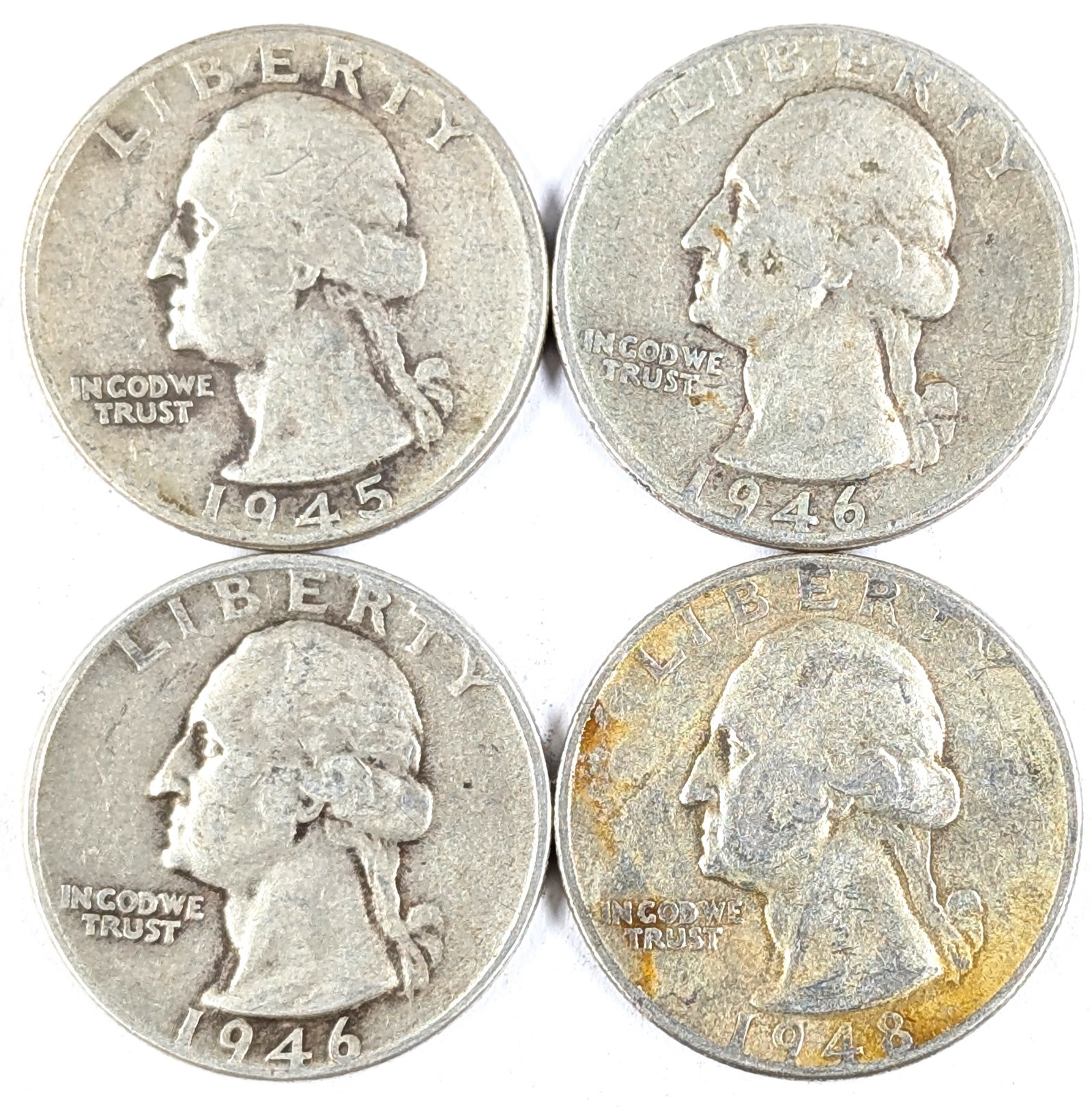 Lot of 4 Silver Washington Quarters - 1945-1948 (1 of 2)