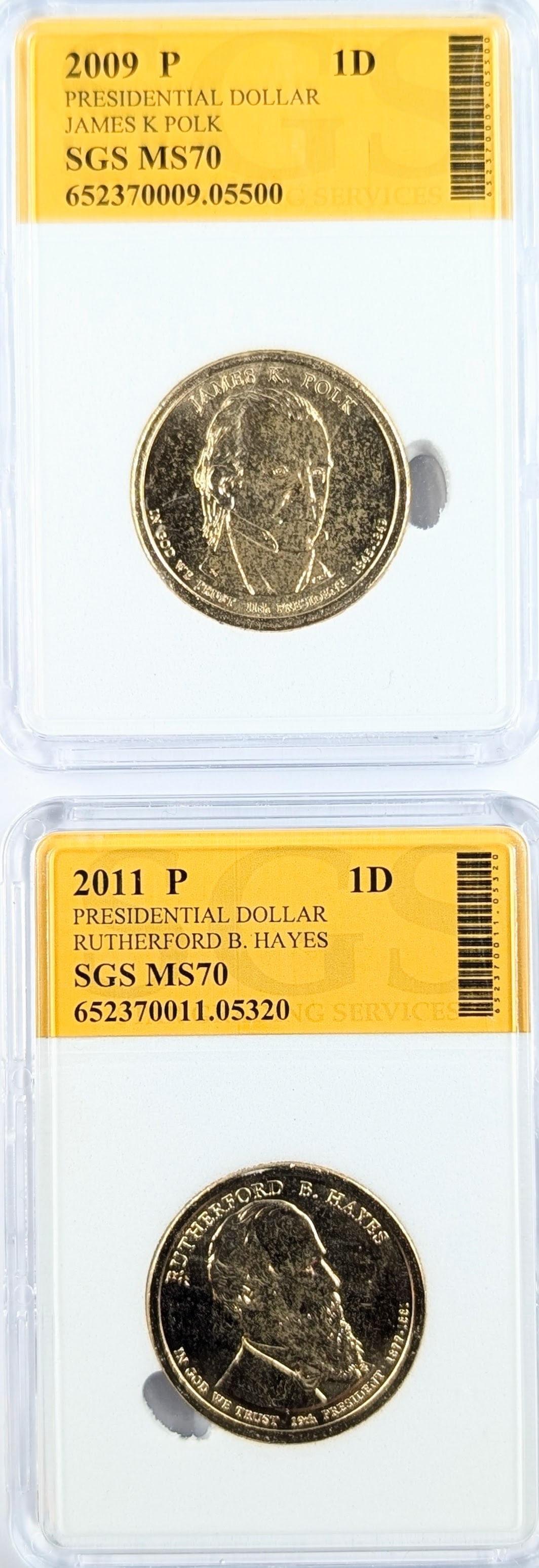 Lot of 2 SGS MS70 Presidential Dollars - 2009-P Polk & 2011-P Hayes (1 of 2)