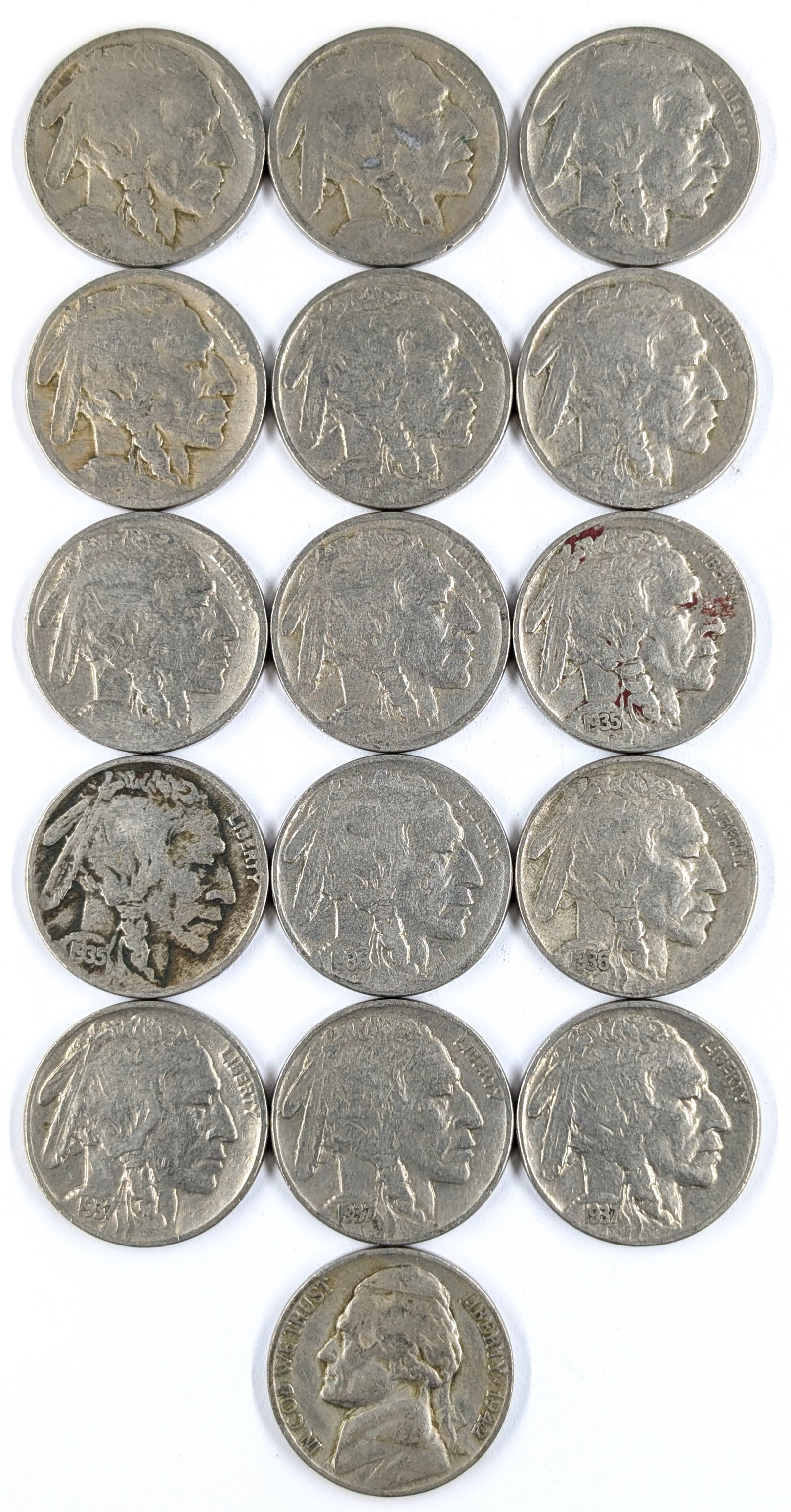Lot of 15 Buffalo Head & Jefferson Nickels - 1920s-1940s: Coin