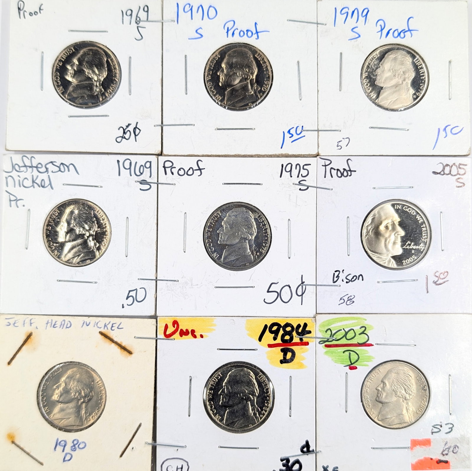 Lot of 9 Jefferson Nickels - 1969-2003 - Many Proofs: Coin