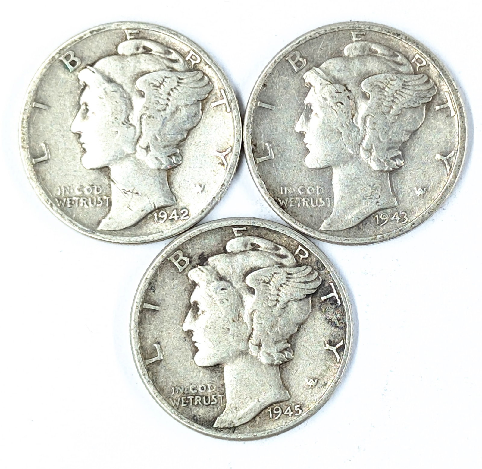 Lot of 3 Silver Mercury Dimes - 1942, 1943, 1945: Silver