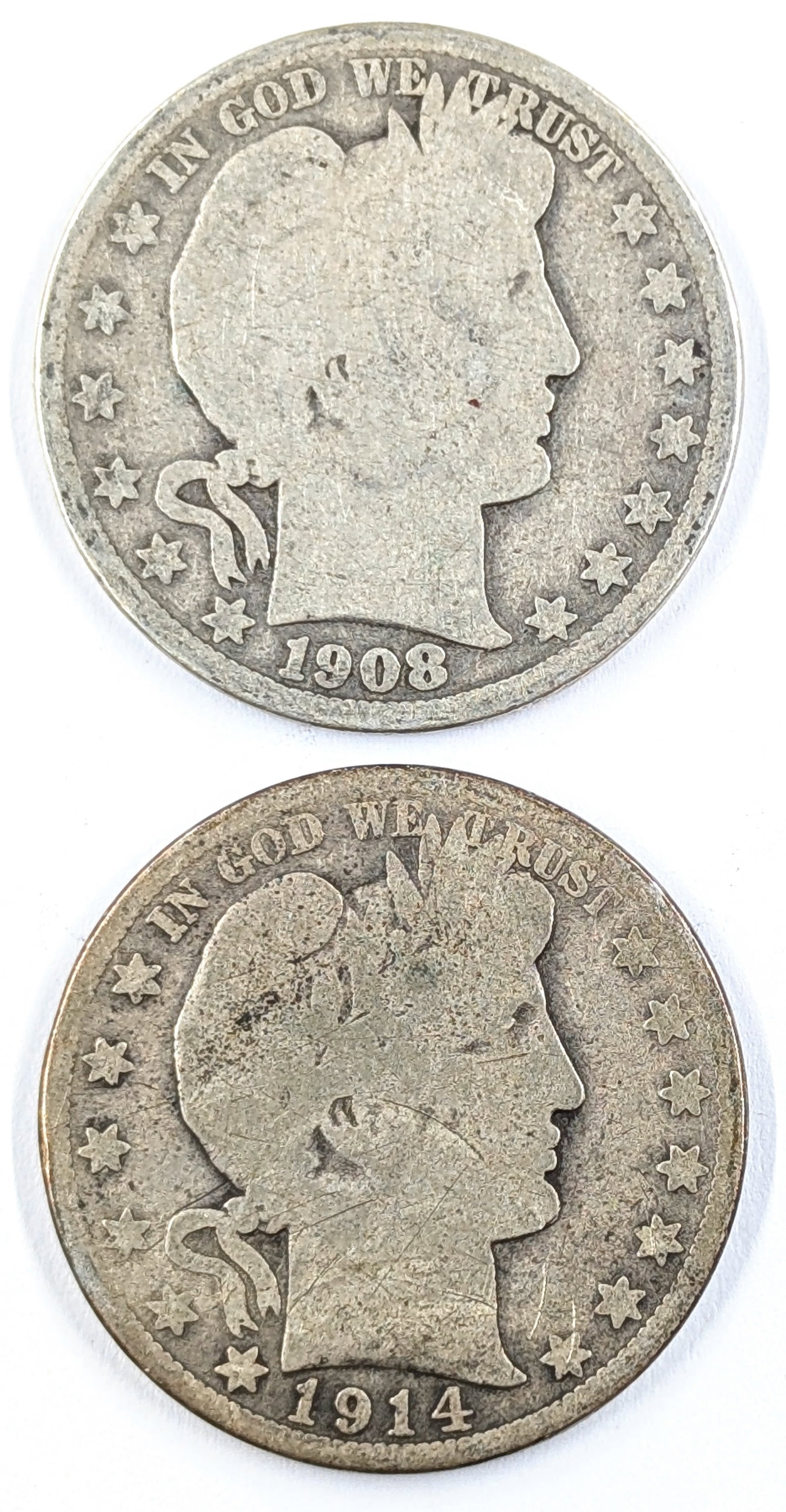 Lot of 2 Silver Barber Half Dollars- 1908-O, 1914: Silver