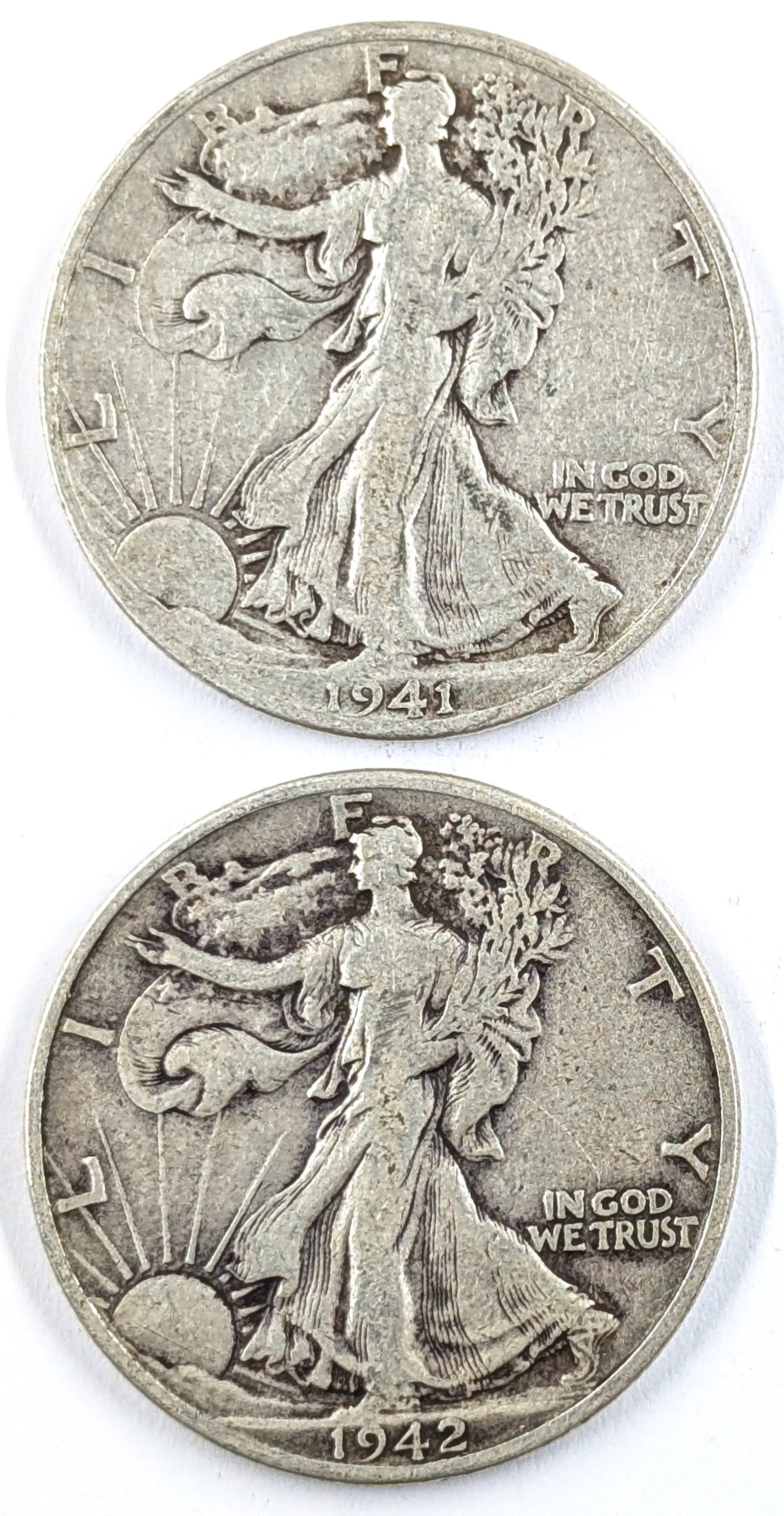 Lot of 2 Silver Walking Liberty Half Dollars- 1941-S, 1942-D: Silver