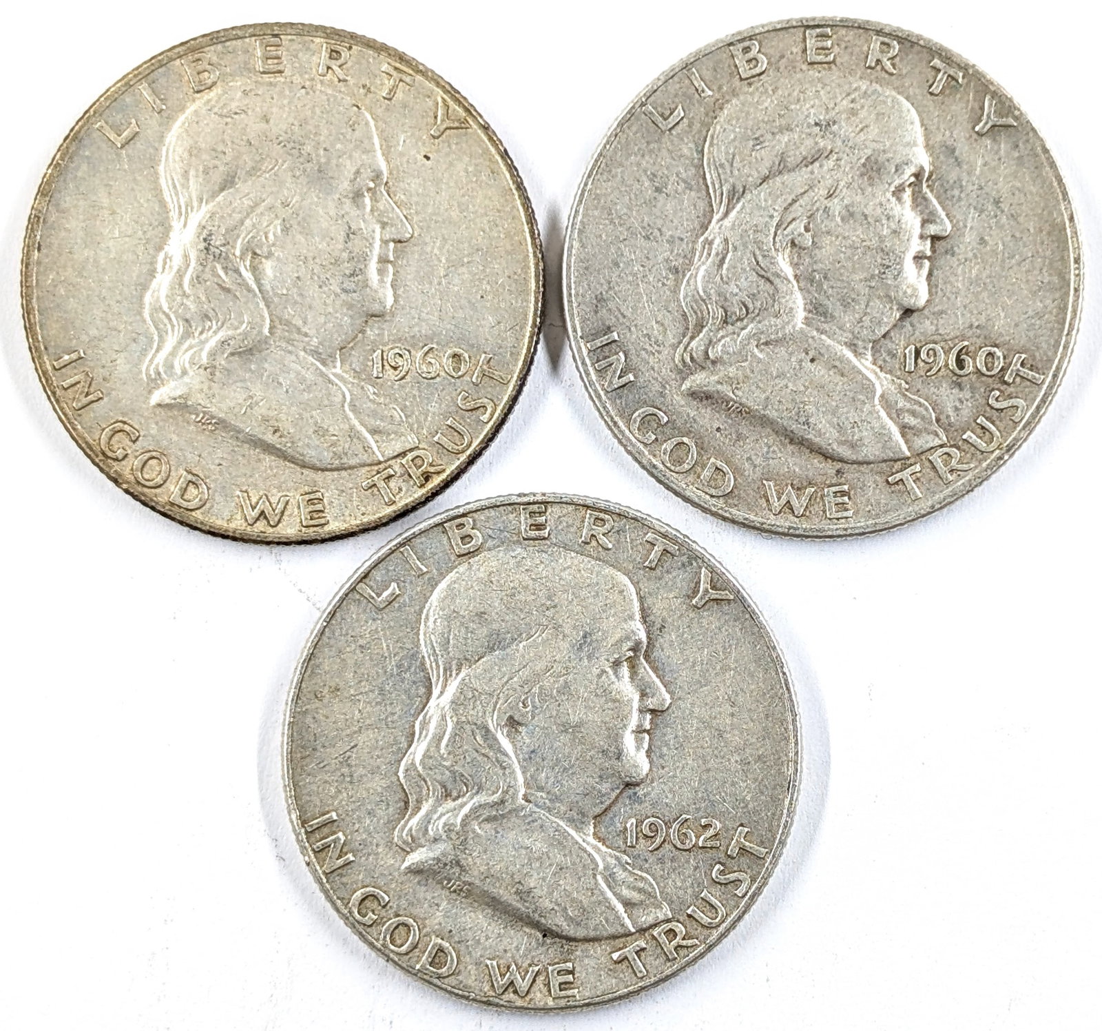 Lot of 3 Silver Franklin Half Dollars- 1960-D (2), 1962-D: Silver