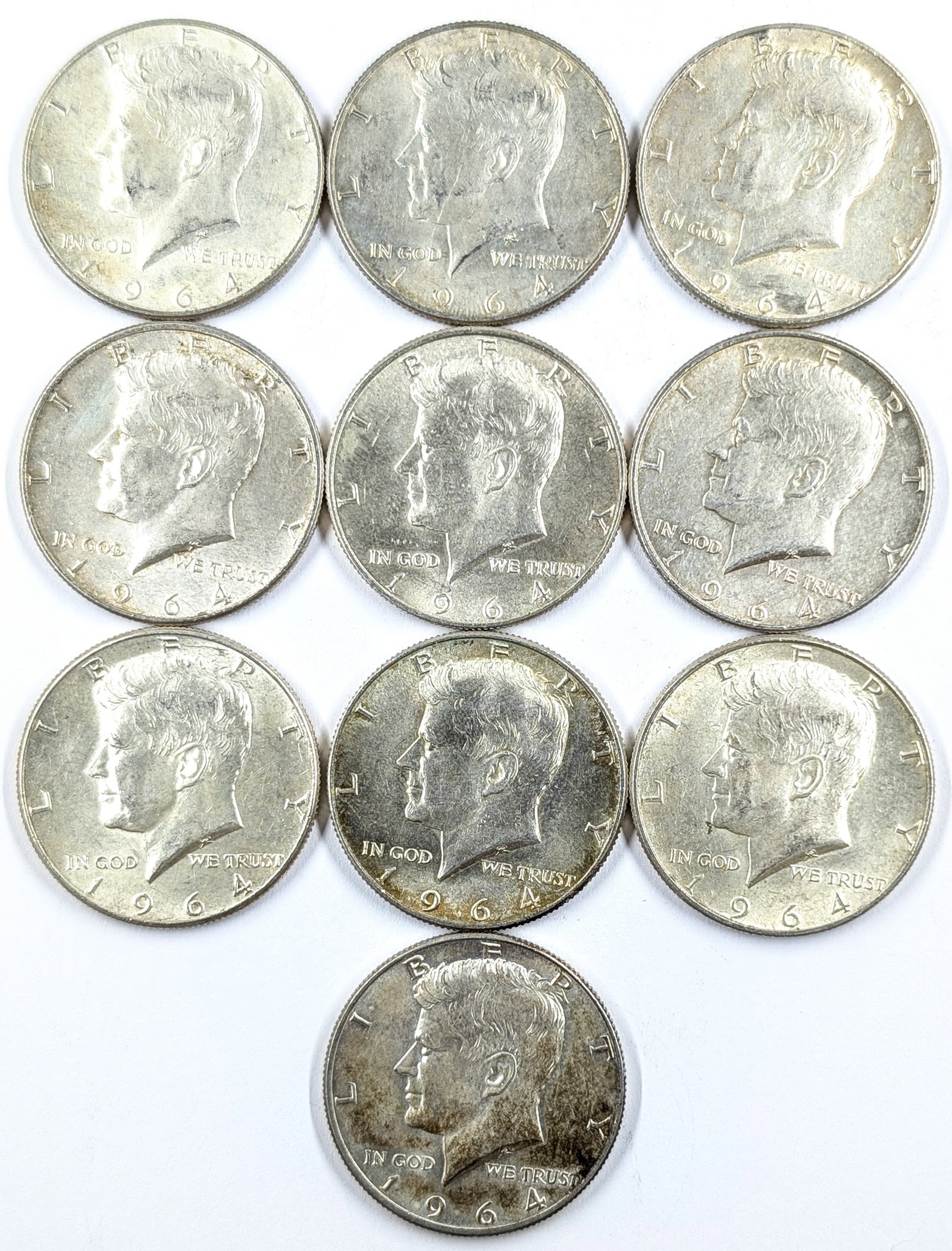 Lot of 10 Silver 1964 John F Kennedy Half Dollars: Some Uncirculated, Some Toned