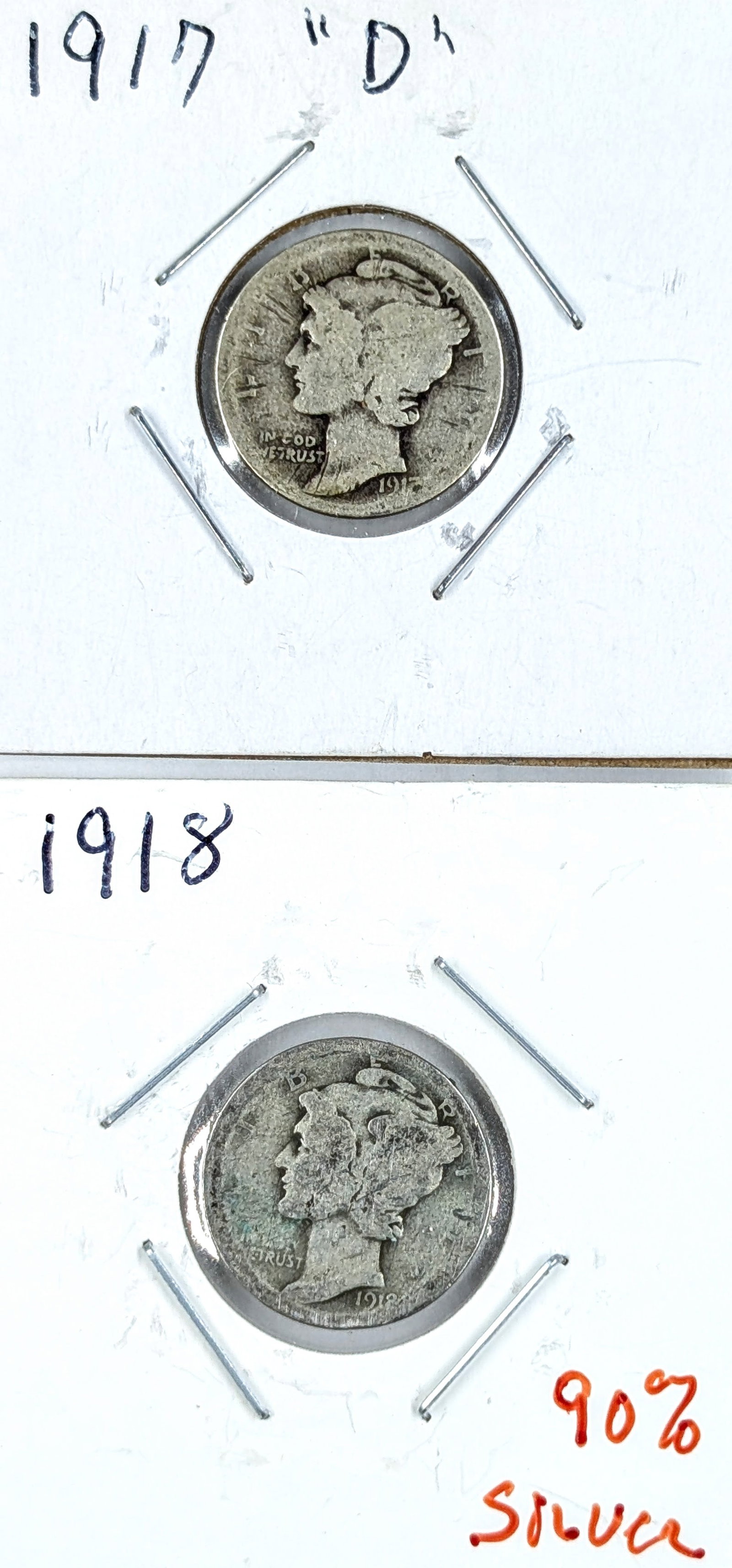 Lot of 2 Silver Mercury Dimes- 1917-D, 1918: Silver