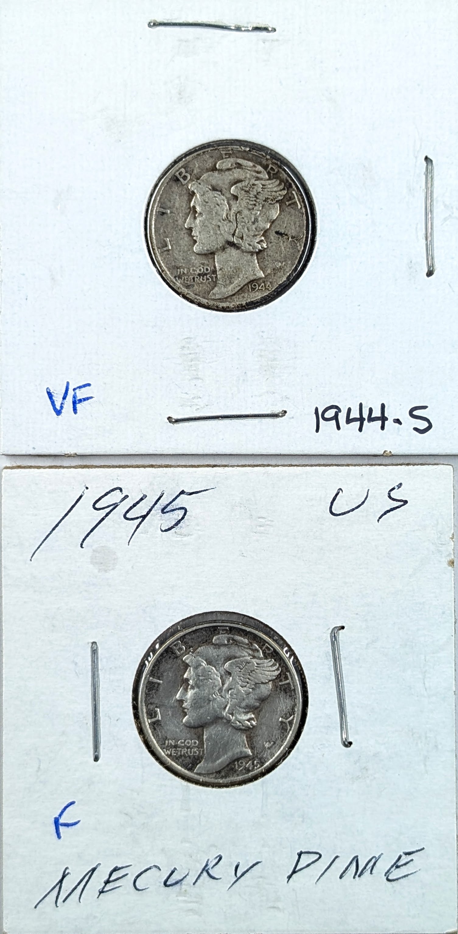 Lot of 2 Silver Mercury Dimes- 1944-S, 1945: Silver