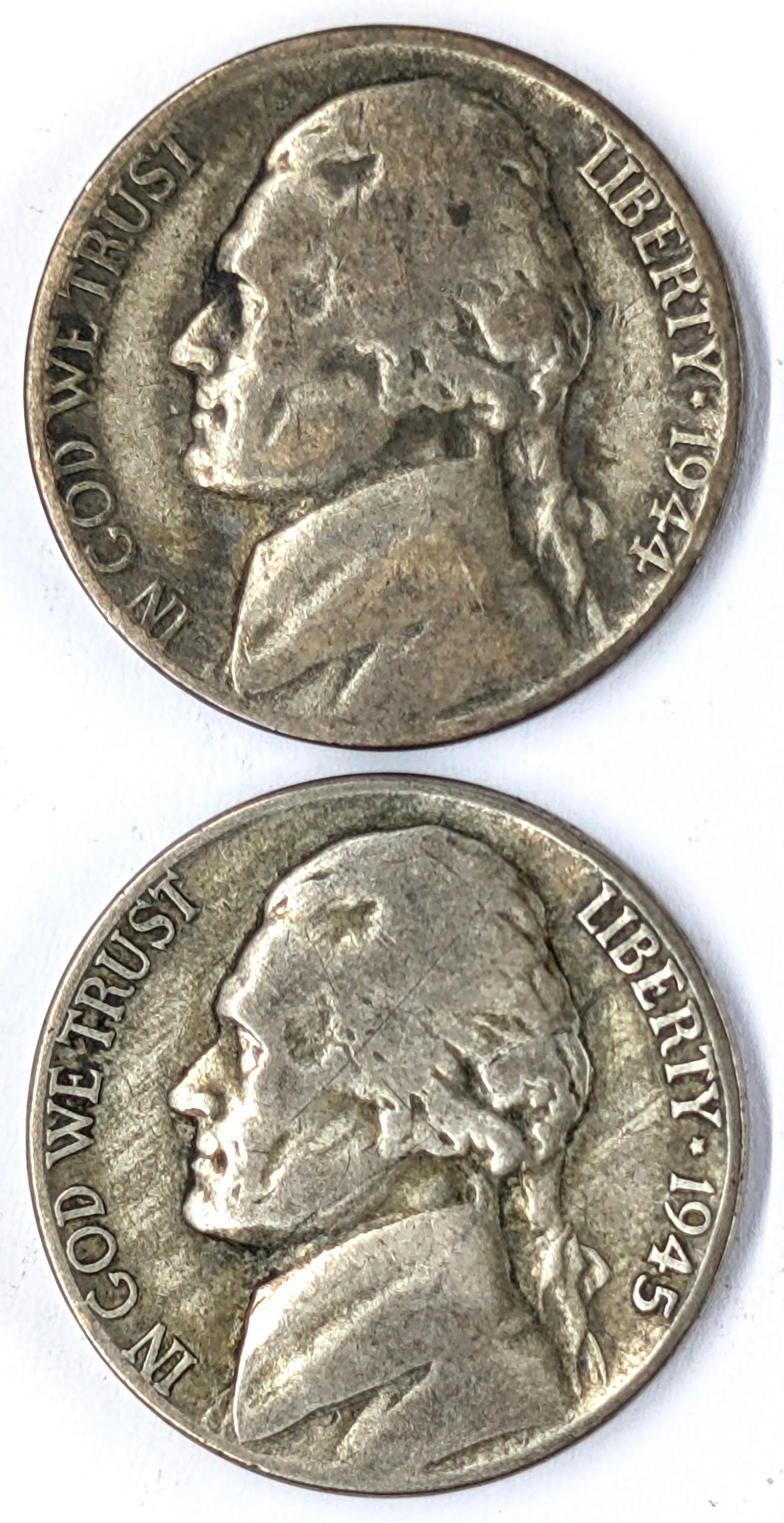 Lot of 2 Silver War Nickels - 1944, 1945: 35% Silver