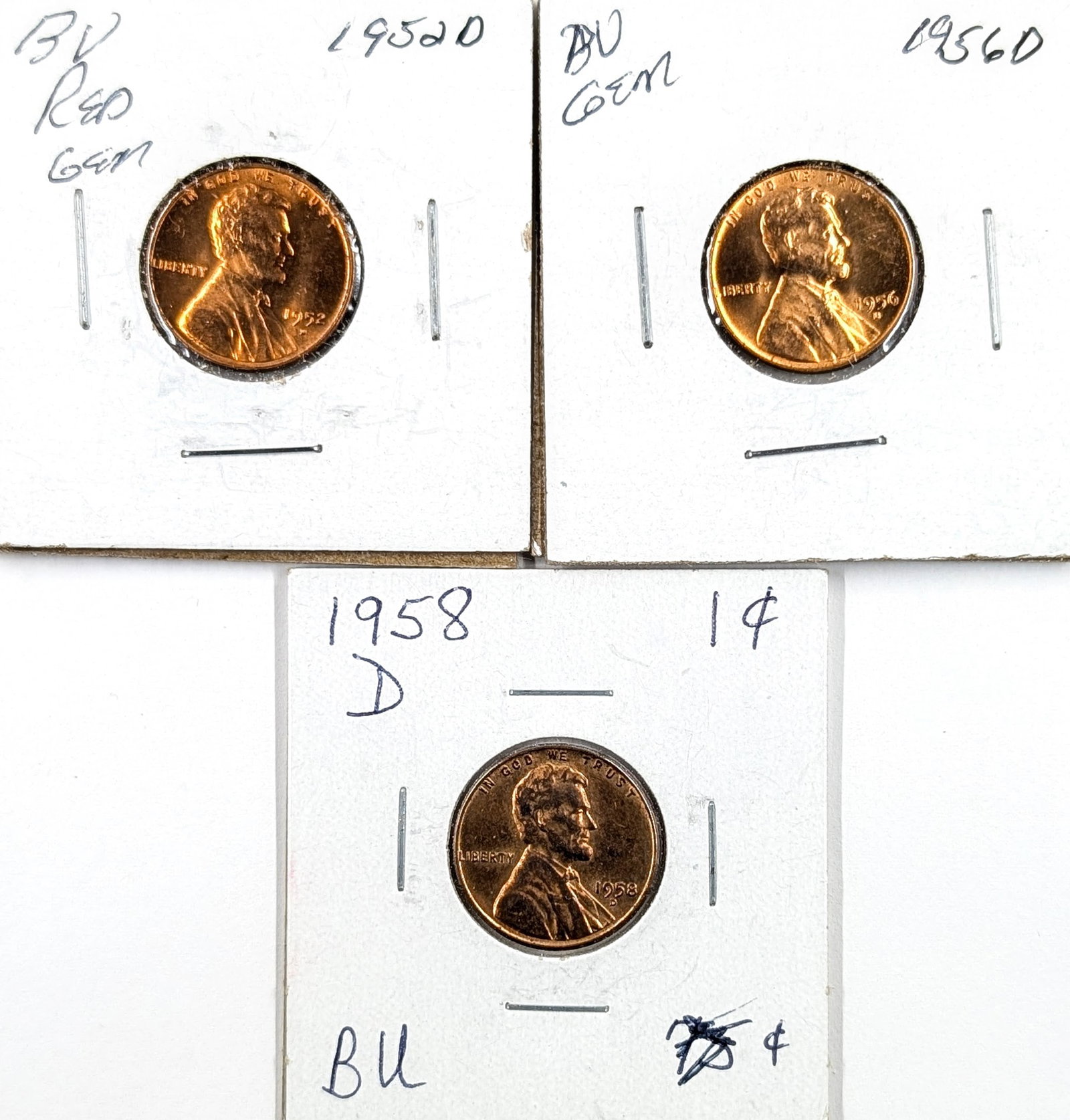 Lot of 3 Uncirculated Wheat Cents- 1952-D, 1956-D, 1958-D: Coin