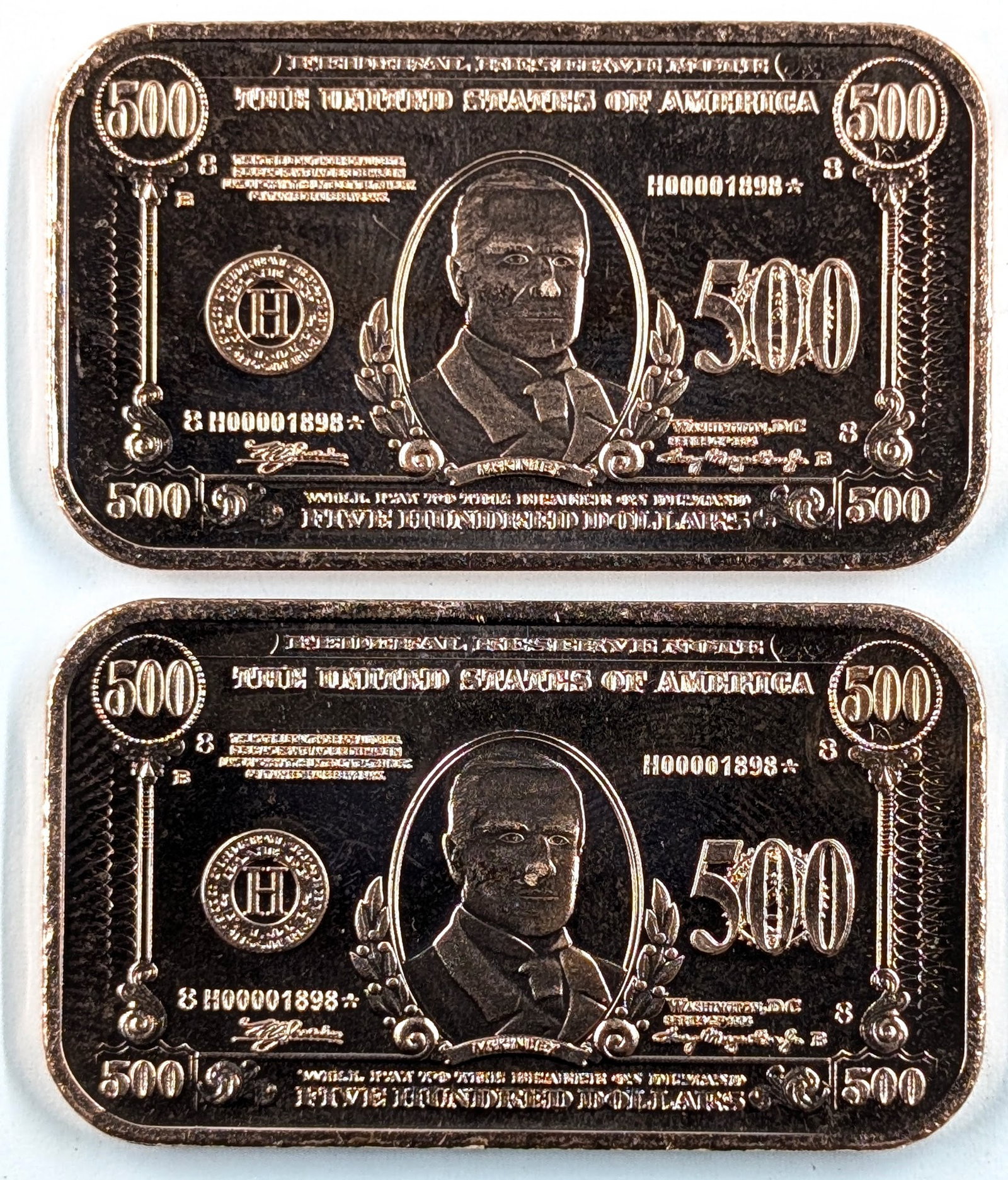 Lot of 2 - 1 Ounce (each) Fine .999 Copper Bars- 500 US Dollars: Copper