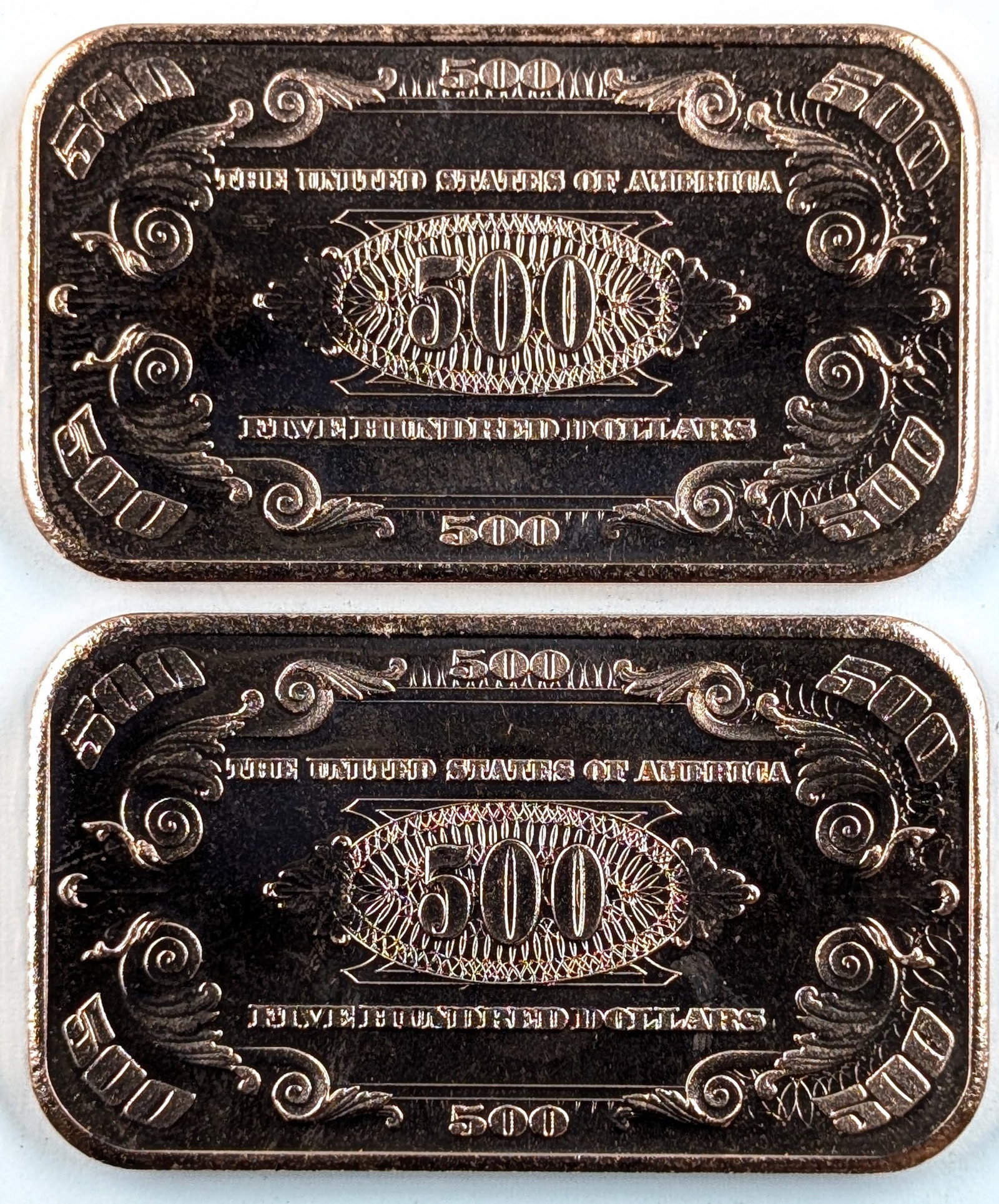 Lot of 2 - 1 Ounce (each) Fine .999 Copper Bars- 500 US Dollars - 2