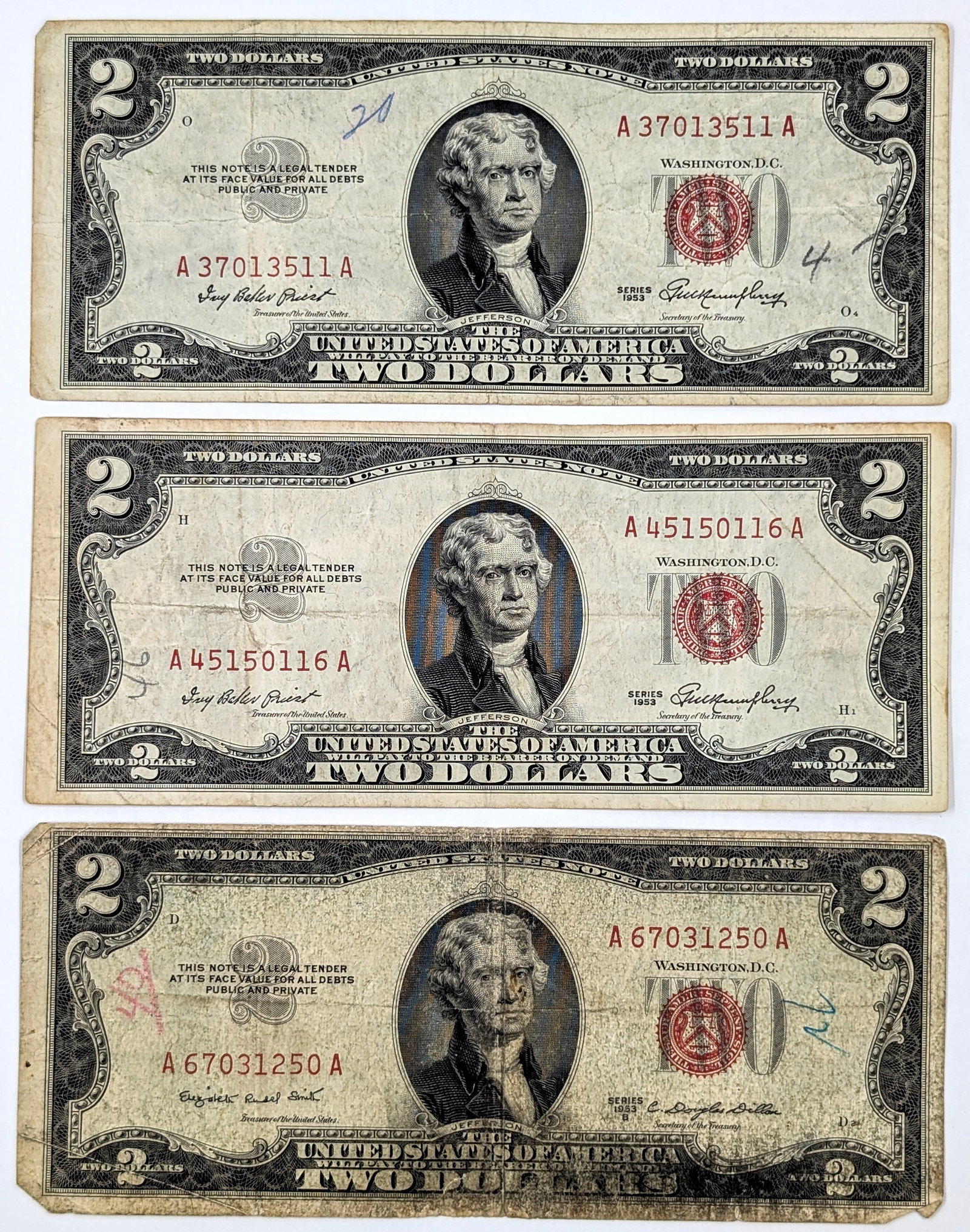 Lot of 3- 1953 $2 Notes - Red Seals (1 of 2)