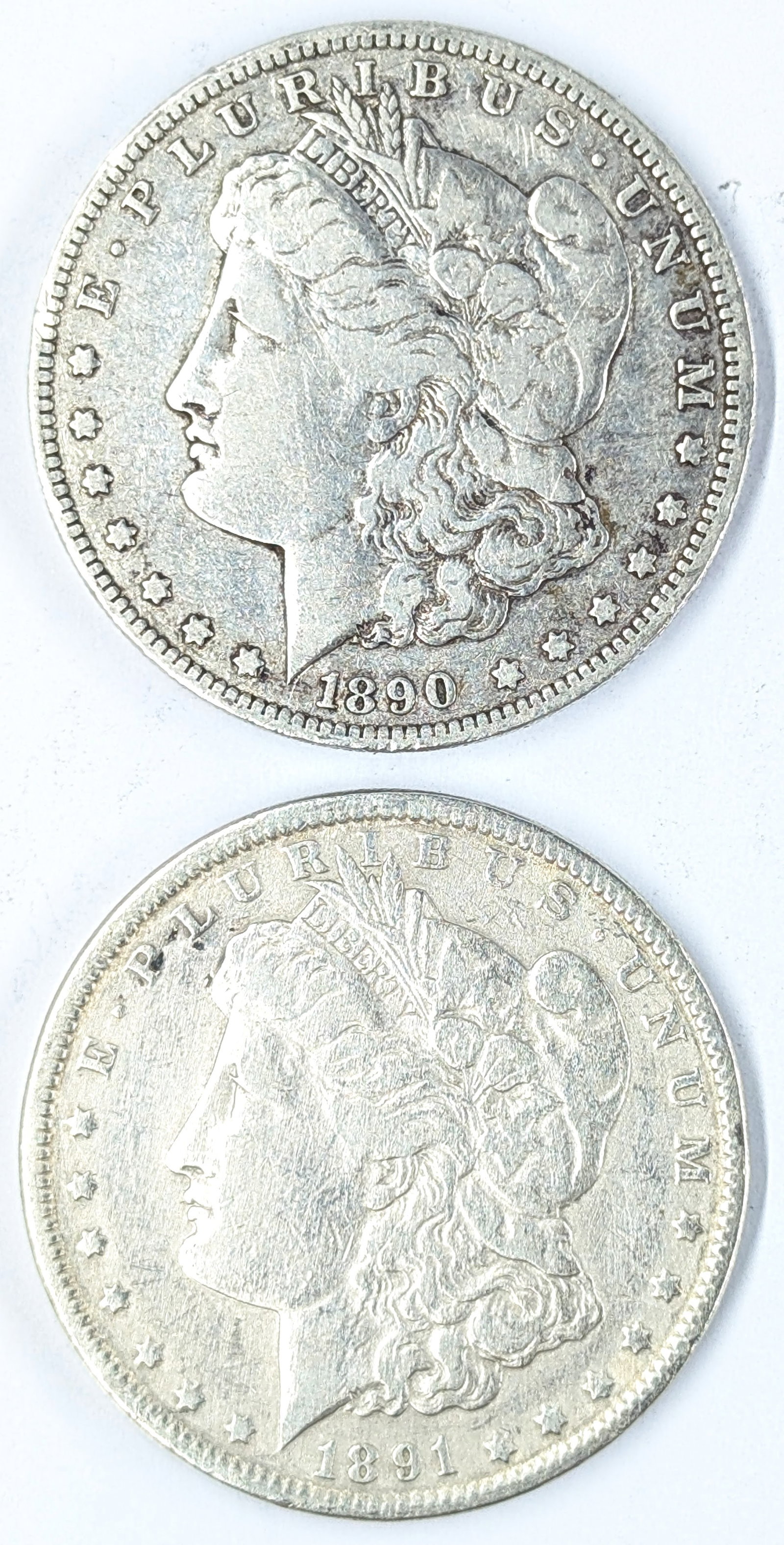 Lot of 2 Morgan Silver Dollars- 1890-O, 1891: Silver