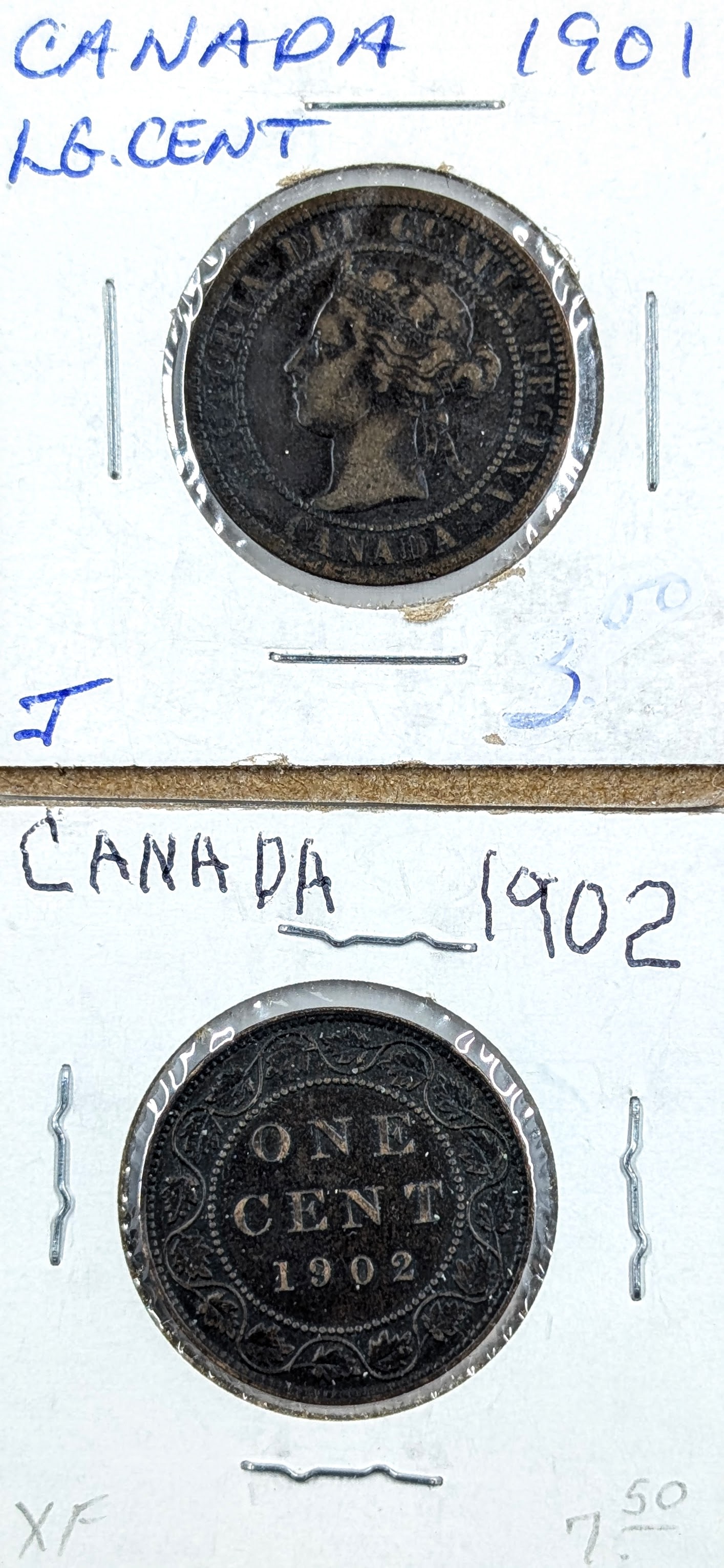 Lot of 2 Canadian Large Cents- 1901, 1902: Coin